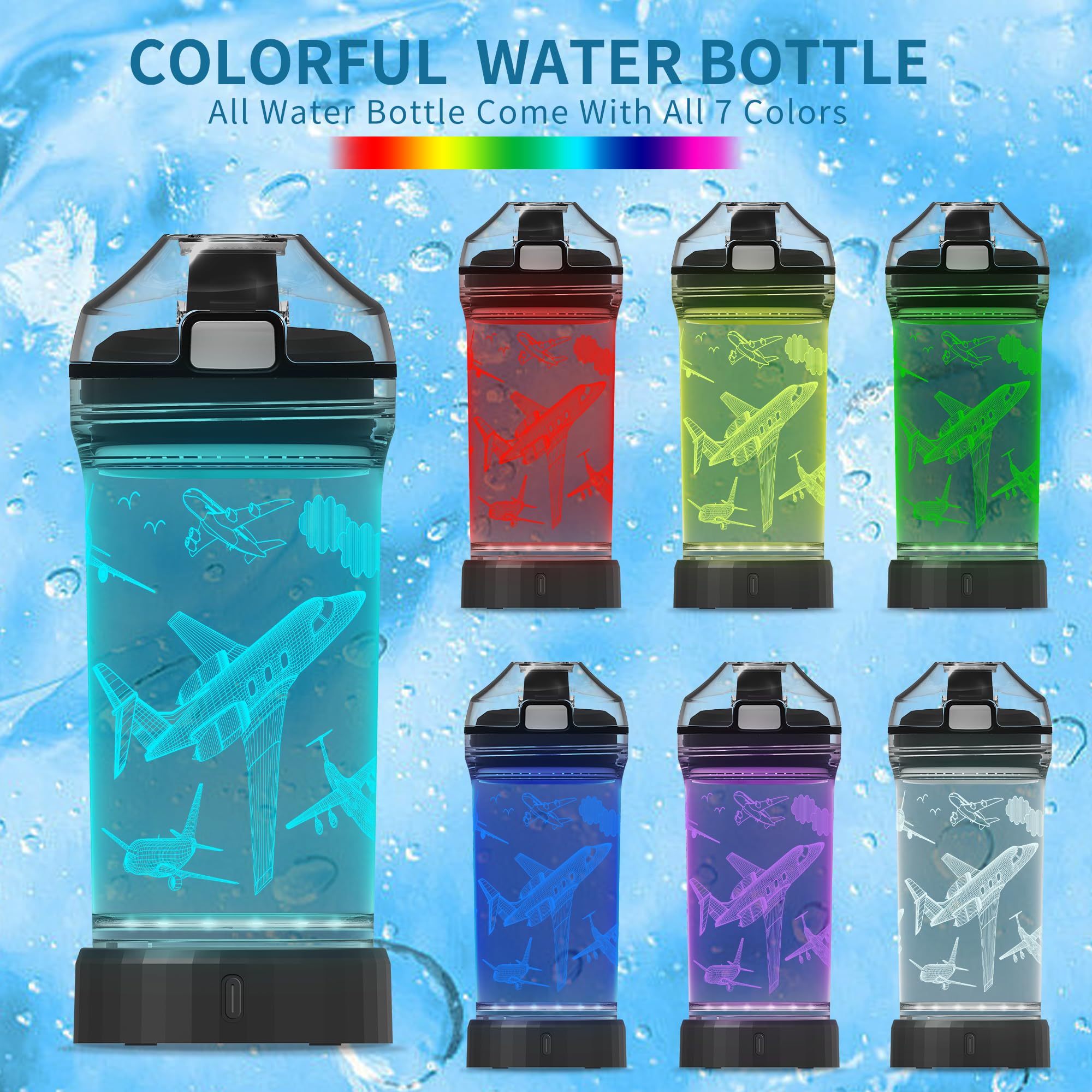Kids Water Bottle, Airplane-themed Light-Up Sport Cup with 3D Glowing LED Airplane Light - 14 OZ Tritan BPA-Free - Gifts for Sch