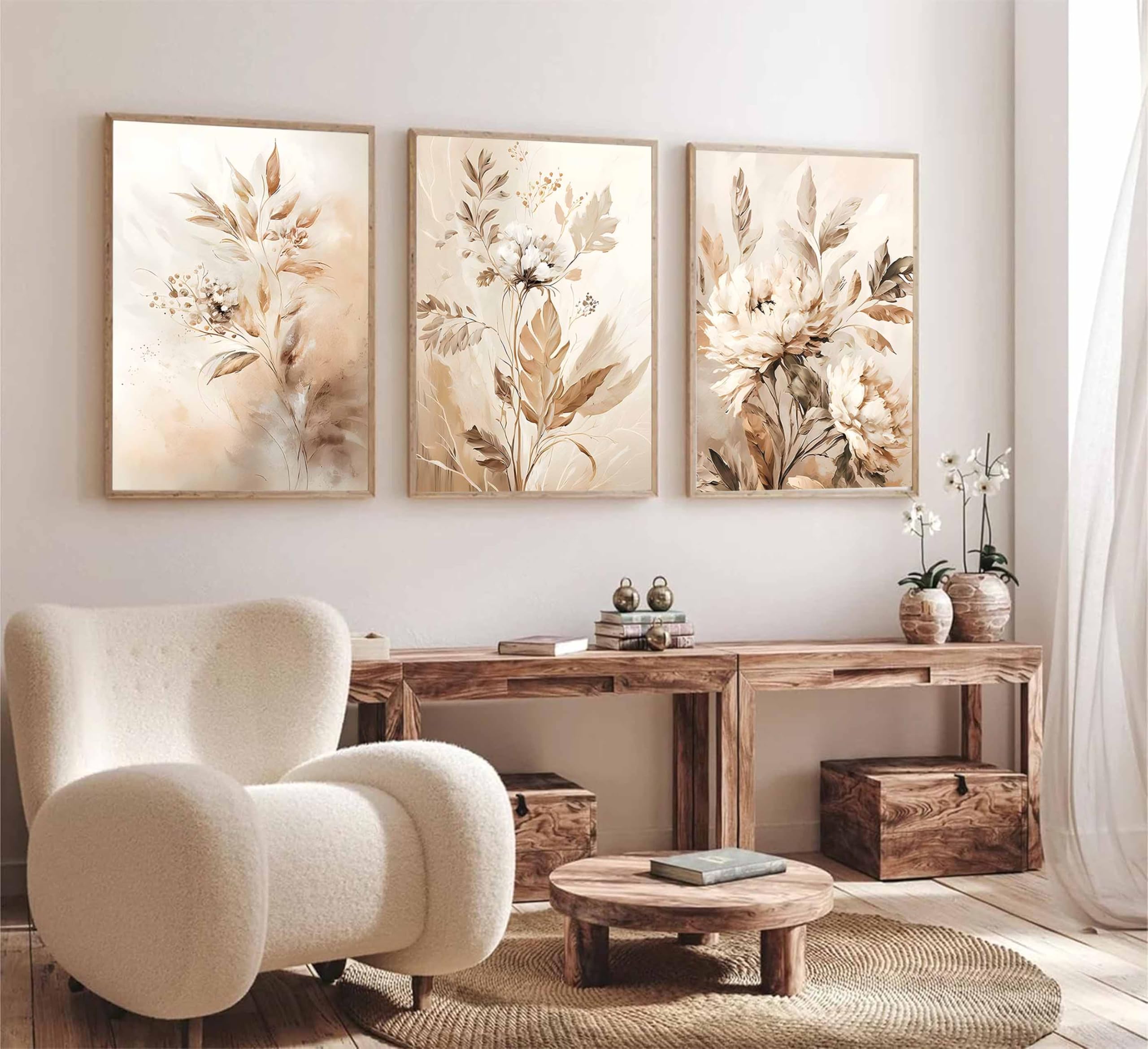 3 Pcs Beige Neutral Flower Canvas Wall Art Wildflowers Floral Botanical Painting Picture Wall Decor Poster Print Artwork For Bed