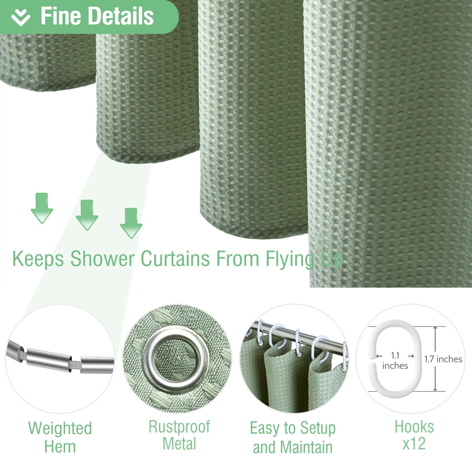 Dynamene Stall Fabric Shower Curtain - 36x72 Waffle Weave Weighted Cloth Shower Curtains for Bathroom  Neutral Heavy Duty Hotel Spa Luxury Bath Curtain Set with 6 Plastic Hooks Sage Green