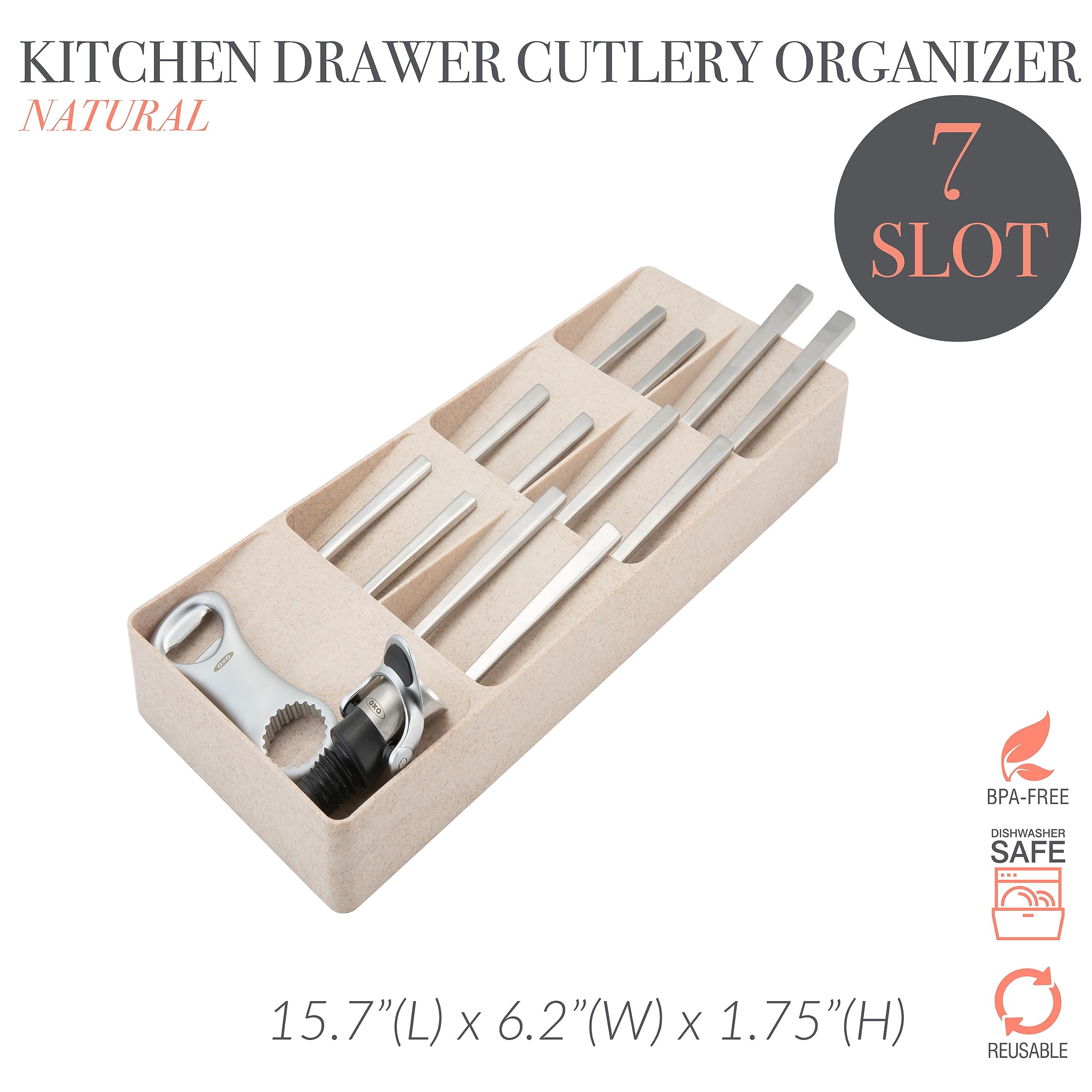 Kitchen Details 7 Slot Drawer 7 Compartment Cutlery Organizer, Natural
