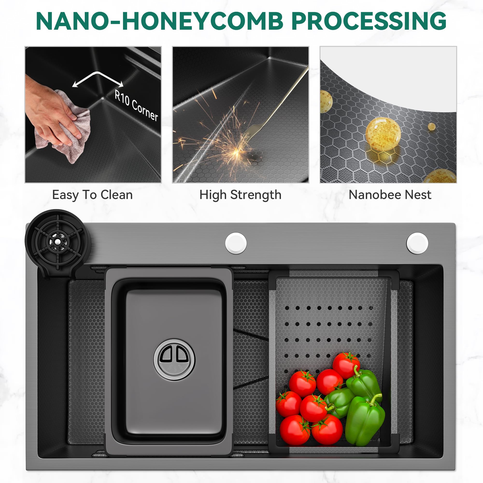Yitahome Drop In Kitchen Sink Workstation 30 Inch, Top Mount Stainless Steel Nano Gunmetal Black Sink W/Glass Rinser, Cutting Bo