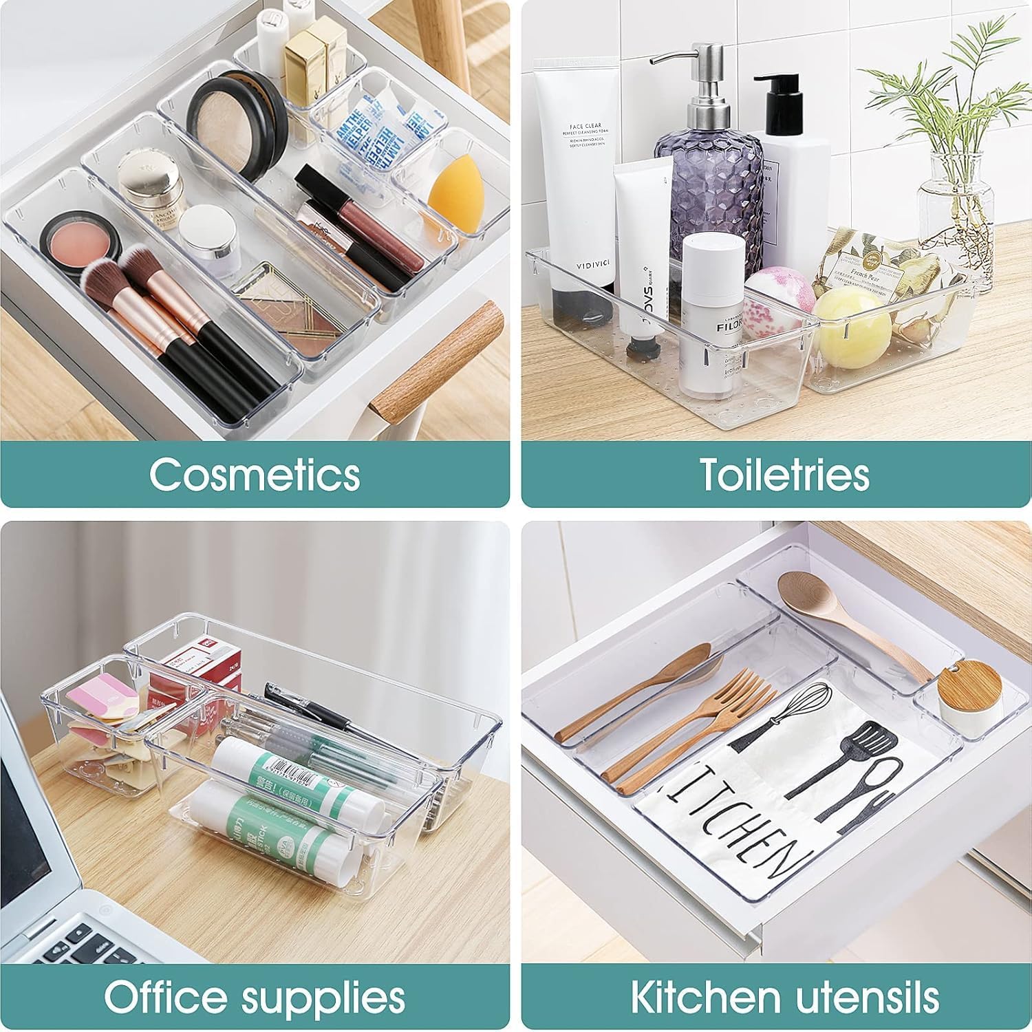 WOWBOX 13 PCS Clear Plastic Drawer Organizer Set, 5 Sizes Desk Drawer Divider Organizers and Storage Bins for Makeup, Jewelry, G