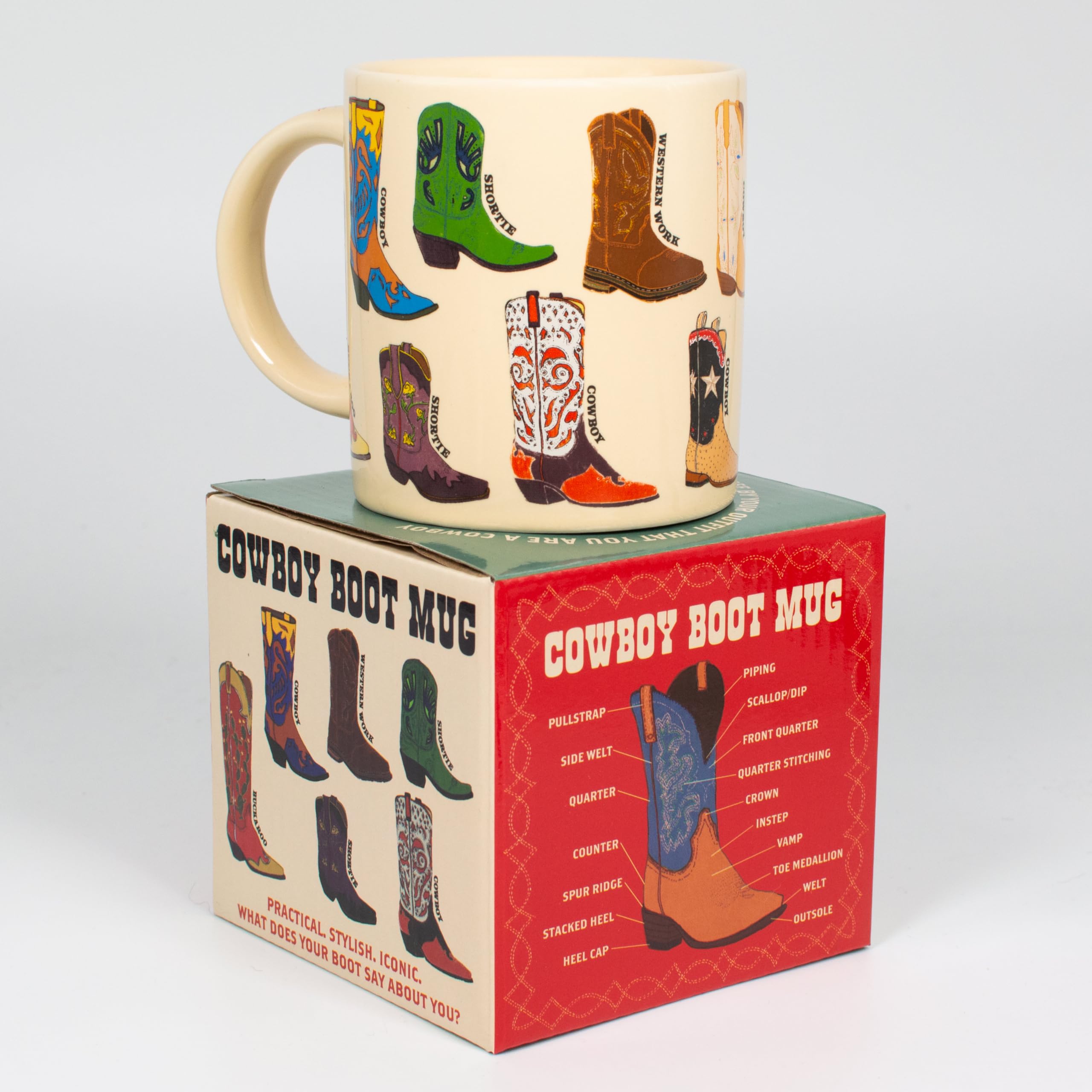 The Unemployed Philosophers Guild Cowboy Boots Mug  Featuring 13 illustrations of Western Footware, Comes in a Fun Gift Box, 12
