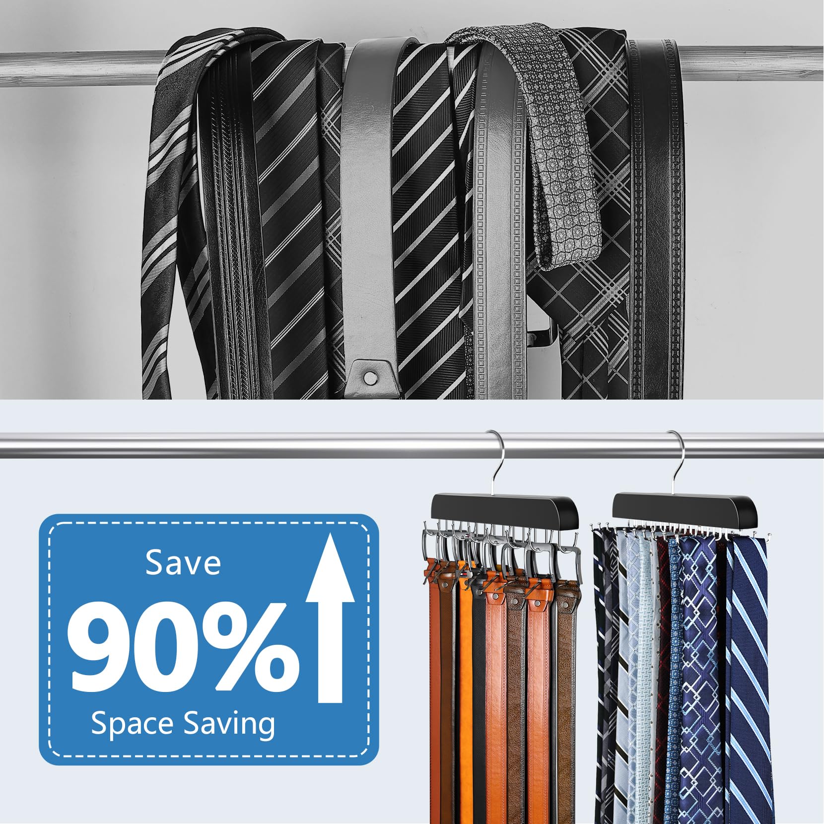 Resovo 2 Pack Tie Rack & Belt Hanger 2 In 1 Tie Hanger Space Saving Max 42 Belts& 60 Ties Capacity For Closet Organizers And Sto