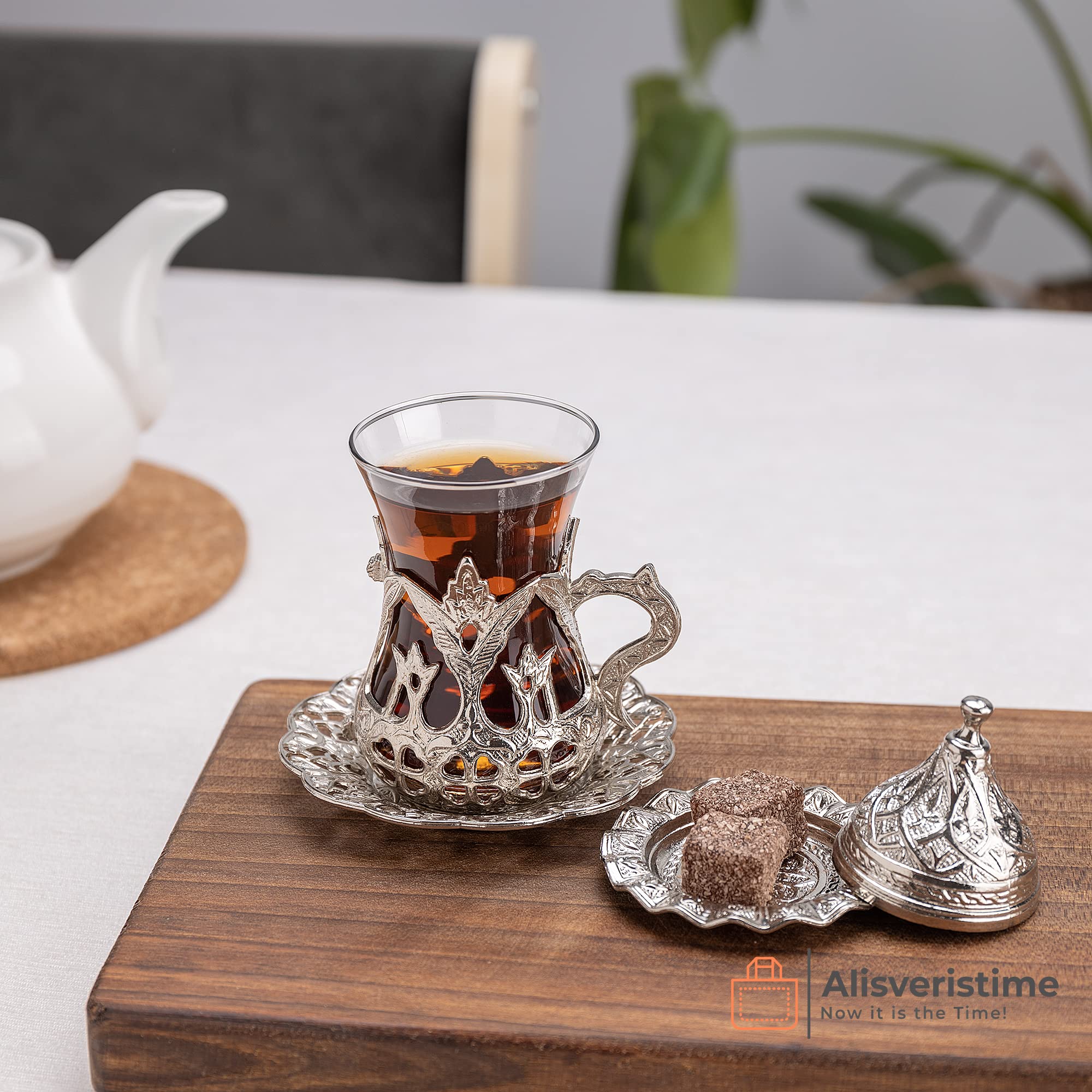 Alisveristime (Set Of 6 Handmade Turkish Tea Water Zamzam Serving Set Glasses Saucer (Silver)