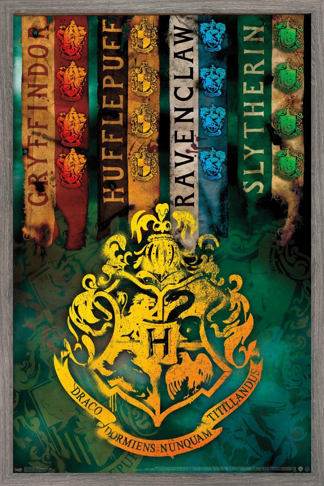 Trends International The Wizarding World: Harry Potter - House Crests Wall Poster, 22.375'' X 34'', Barnwood Framed Version