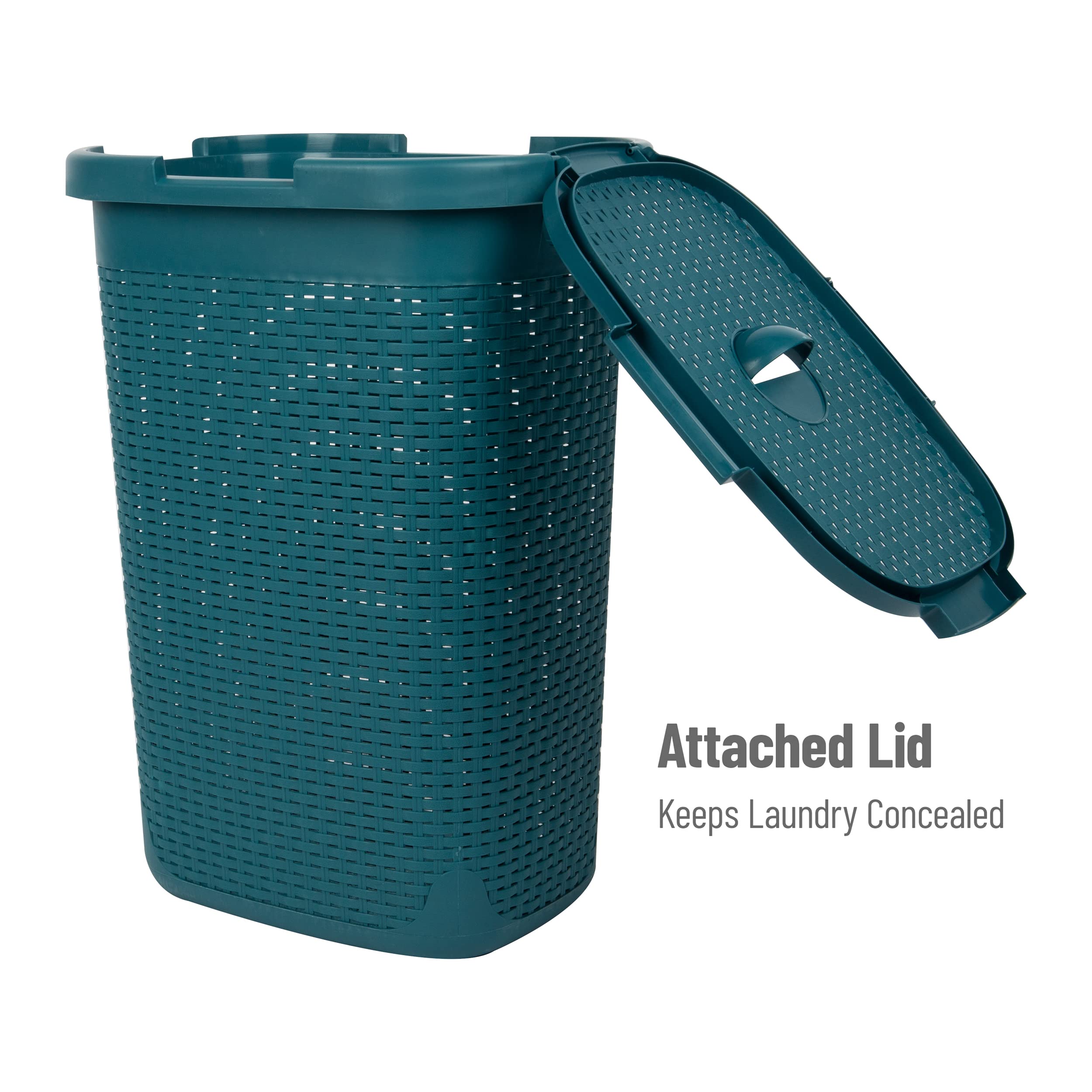 Mind Reader 60L Slim Laundry Hamper, Clothes Basket, Lid, Wicker Design, Plastic, 17.65''L X 13.75''W X 24.15''H, Blue