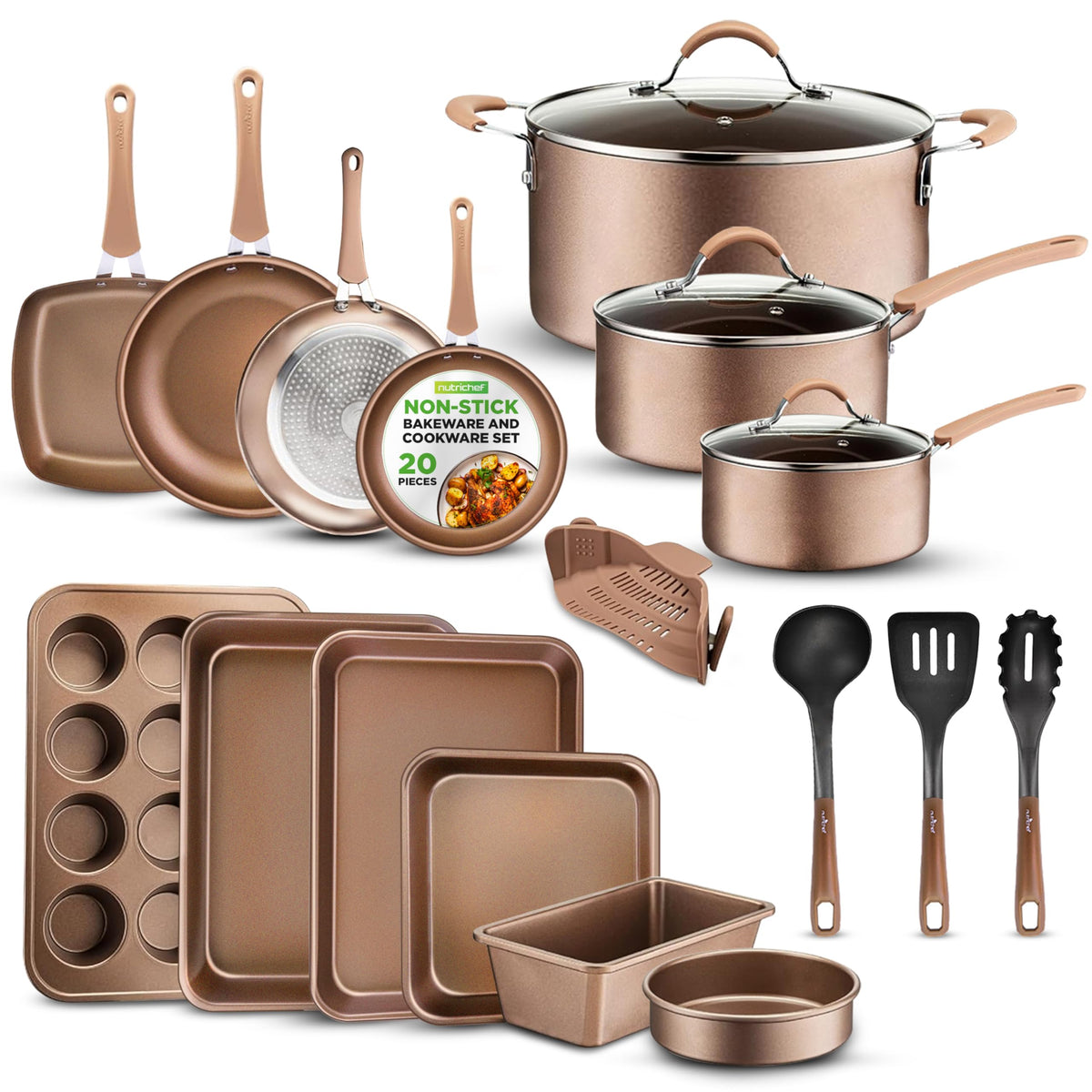 NutriChef 20-Piece Nonstick Kitchen Cookware Set - PFOA/PFOS-Free Heat Resistant Lacquer Kitchenware w/ Bakeware, Frying Pans, C