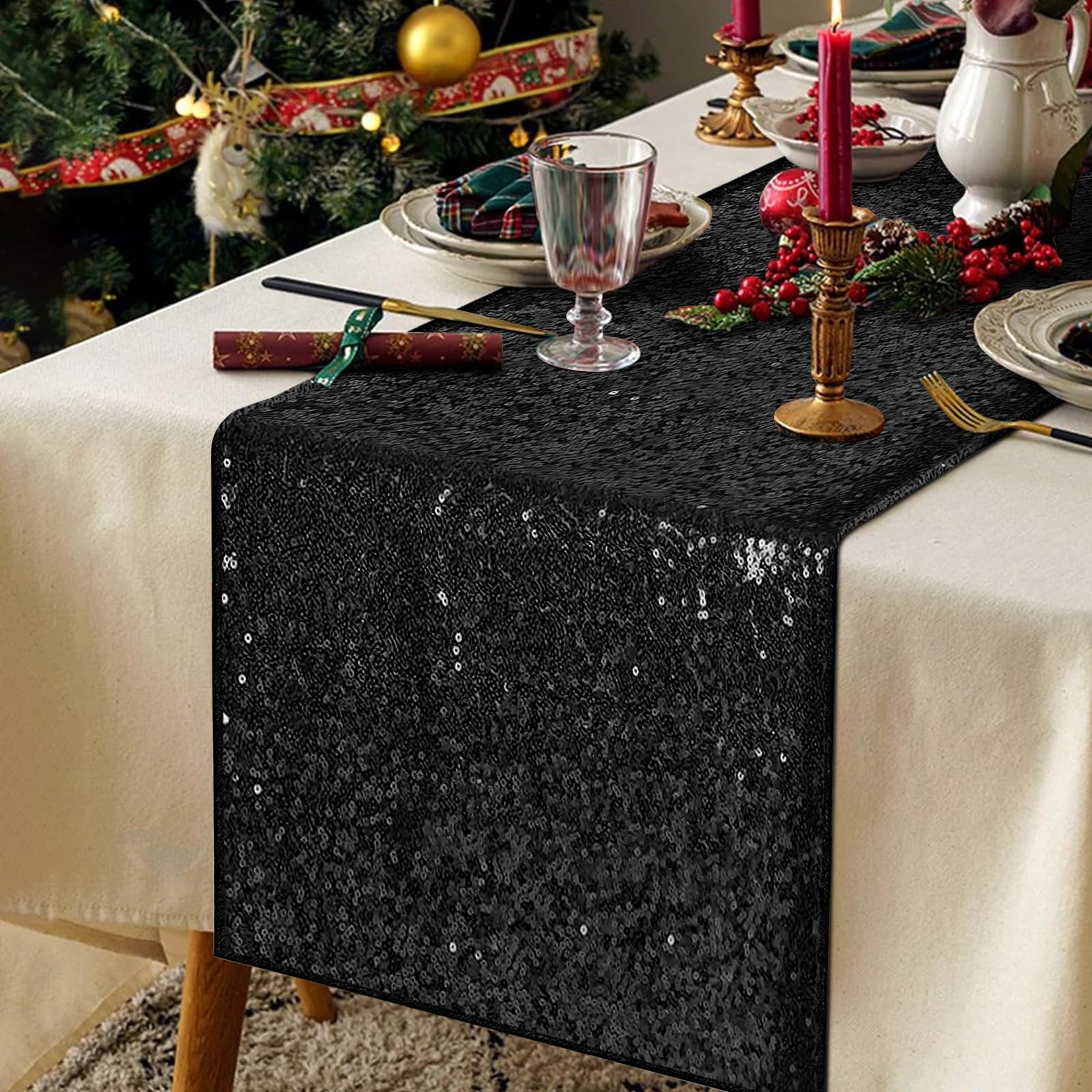 Ivarunner Black Sequin Table Runners, Black Table Runner 12''X 72'', Black Party Decorations, Glitter Table Runner For Birthday,