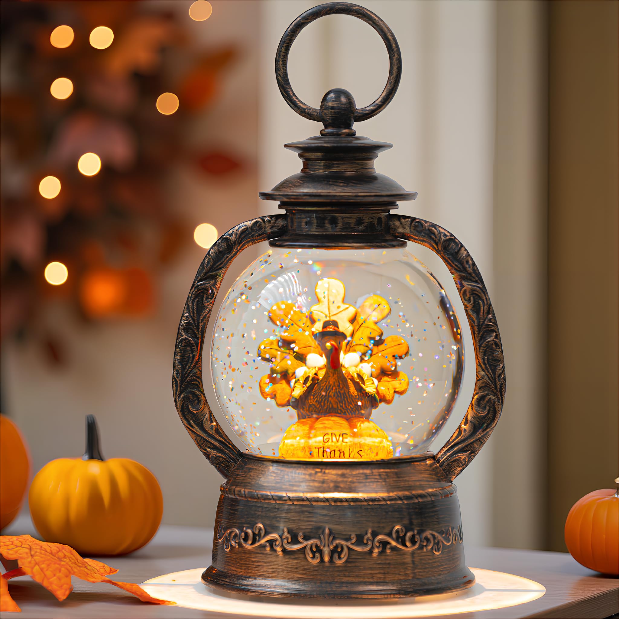 Fall Snow Globe Lantern -Thanksgiving Turkey with Pumpkin Spinning Water Lantern with Swirling Glitter Fall Decorations for Home