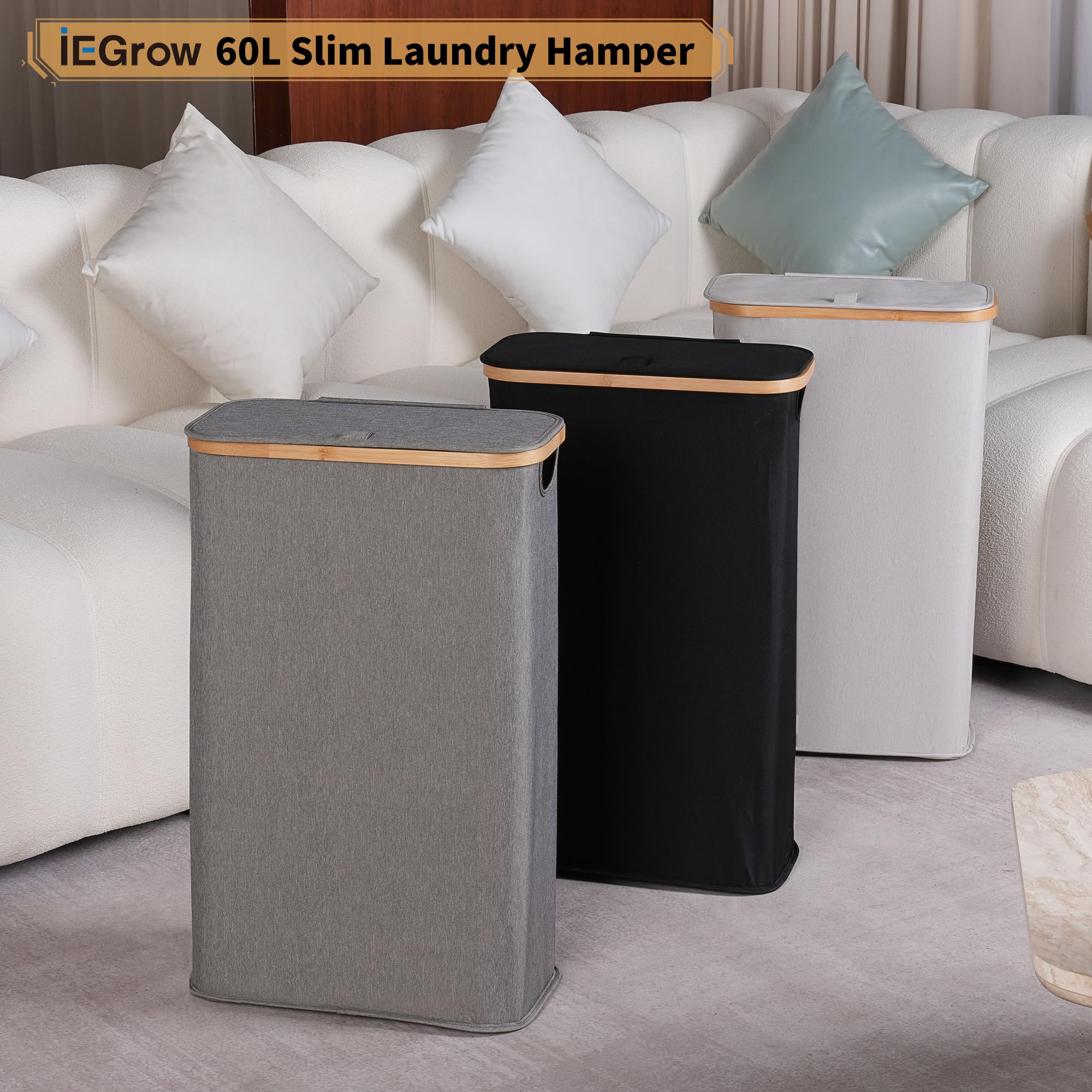 Iegrow Slim Laundry Hamper, 60L Narrow Laundry Basket With Lid,Foldable Clothes Hamper With Bamboo Handles,Hamper Basket With Re