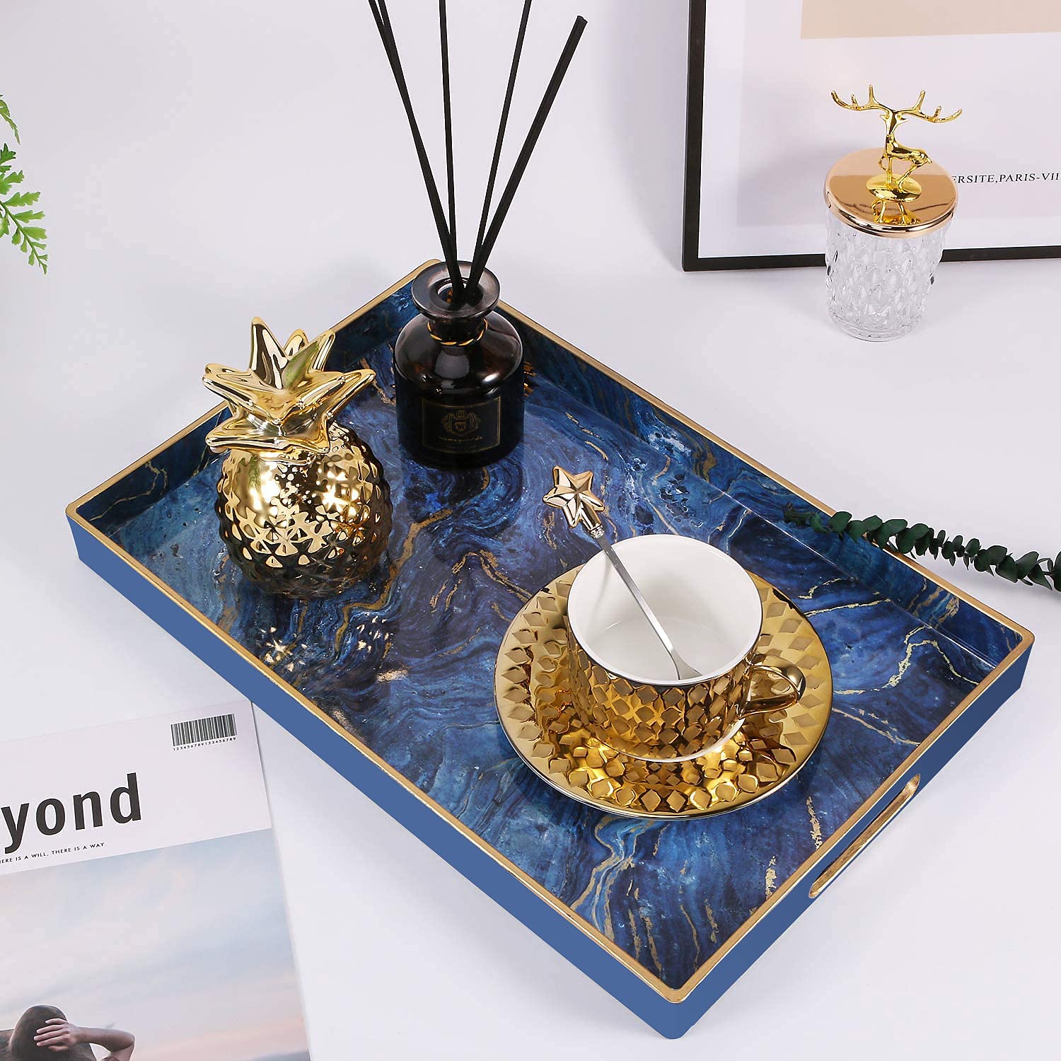 Zosenley Decorative Tray, Marbling Plastic Tray With Handles, Rectangular Vanity Tray And Serving Tray For Bathroom, Kitchen, Ot