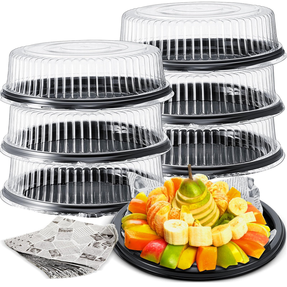 Tessco 6 Pcs Heavy Duty Serving Tray And Lid 12 Pcs Deli Wax Paper Sheets Large, Black Plastic Round Platters With Clear Lids Fo