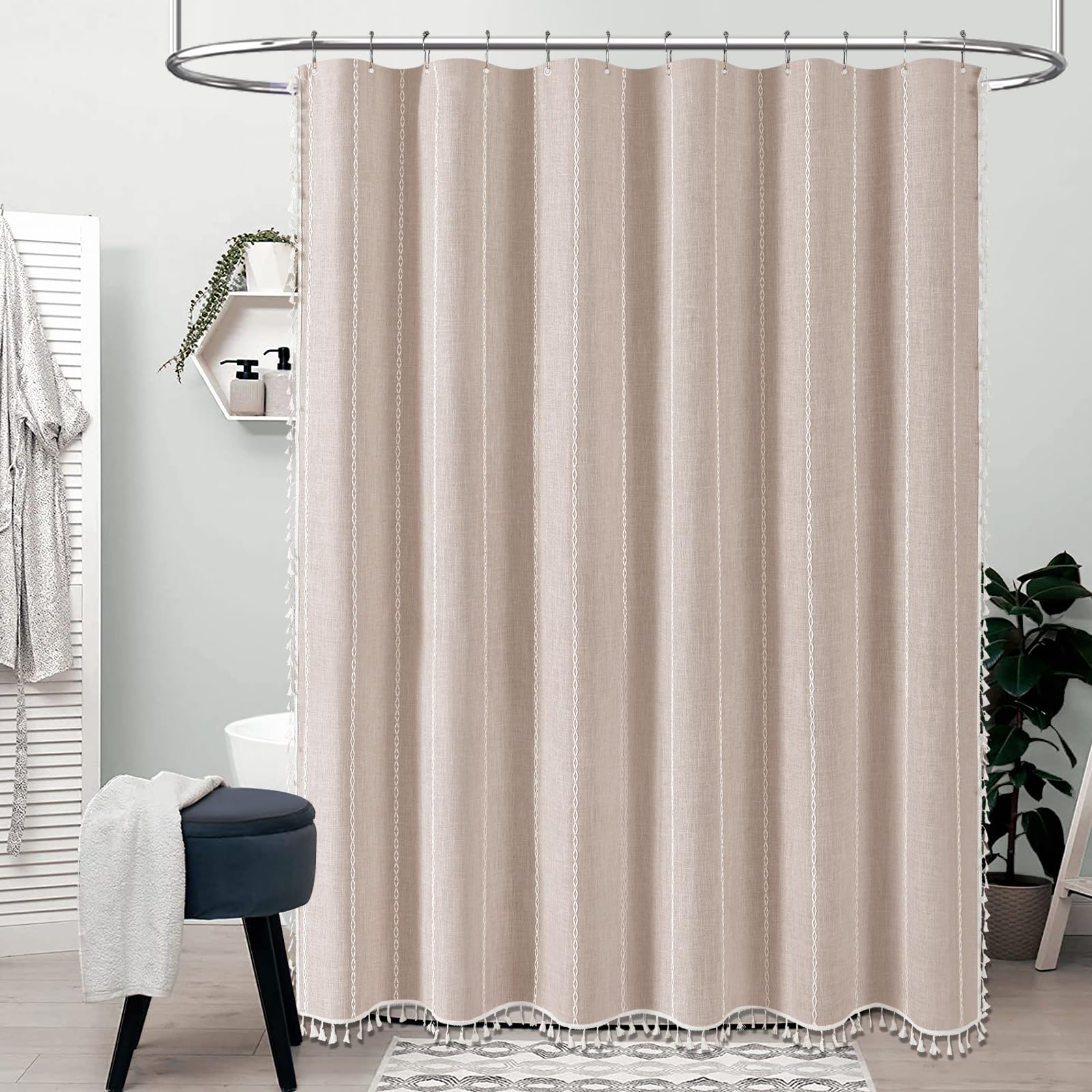 Bttn Boho Farmhouse Shower Curtain, Linen Rustic Heavy Duty Striped Fabric Shower Curtain Set With Tassel, Water Repellent, Bohe
