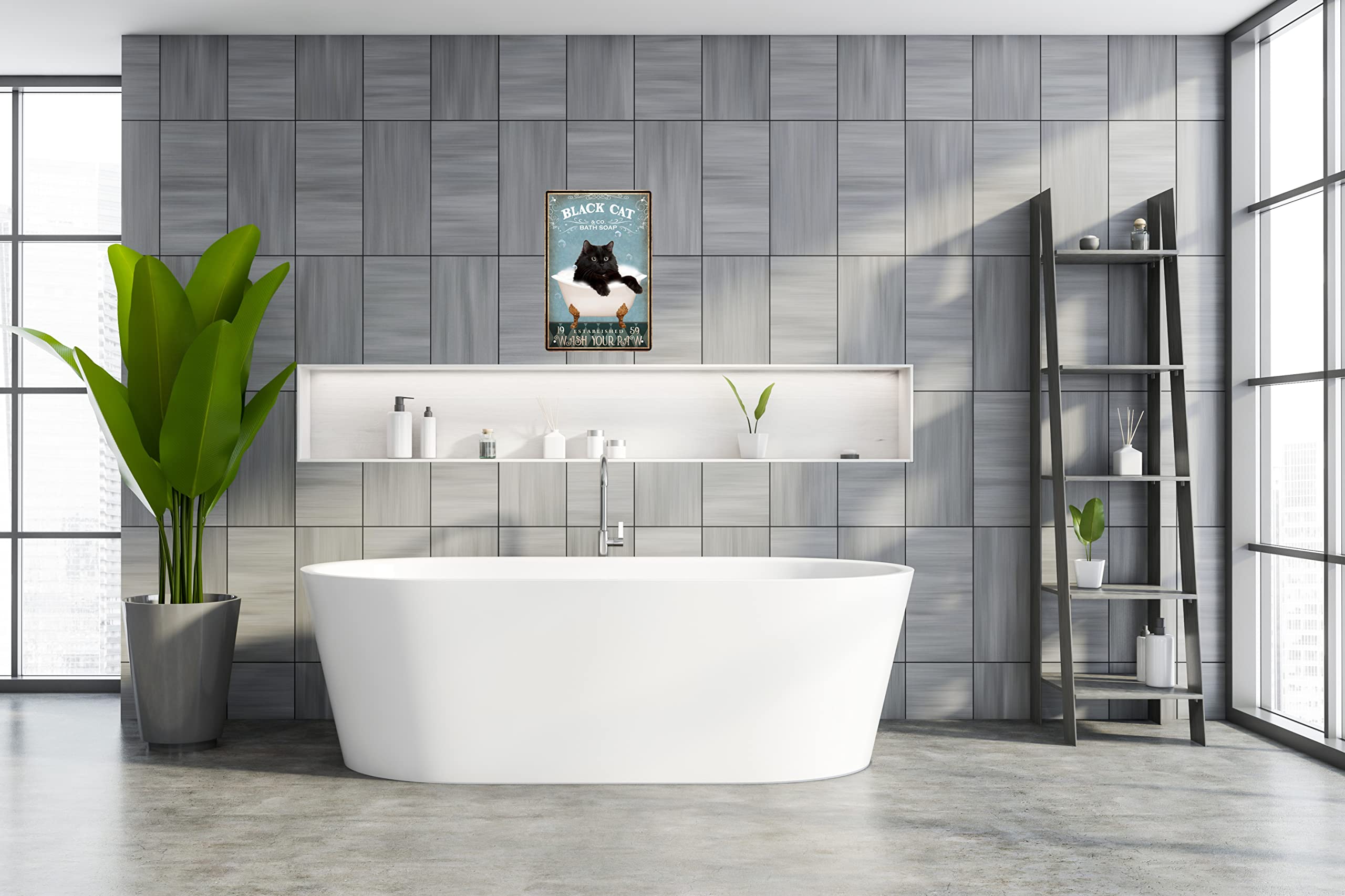 Tin Signs Cat Black Cat Sink Co - Wash Your Paw Metal Poster Black Cat Metal Poster Wall Decor Hanging Metal Poster Funny Bathro