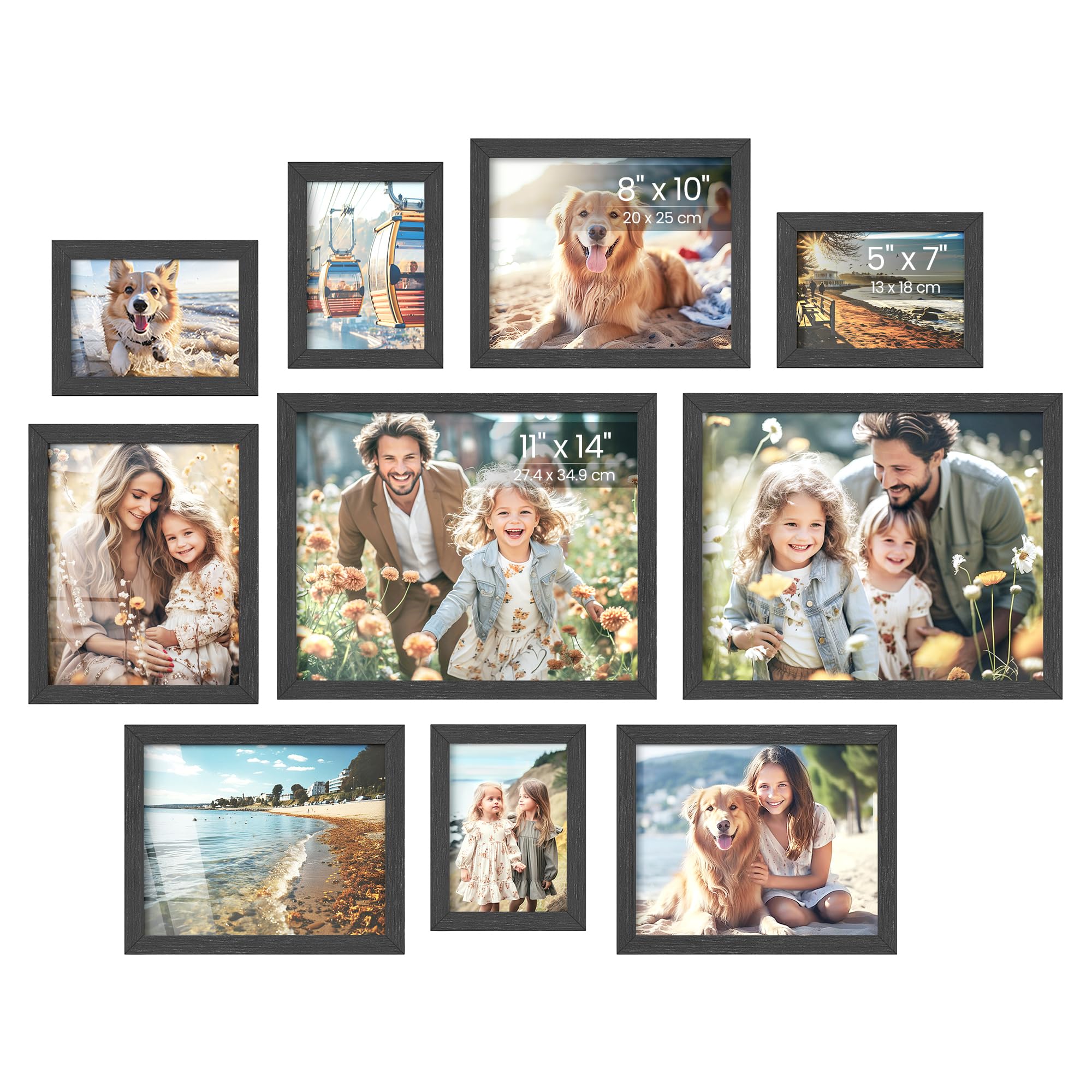 SONGMICS Picture Frames, Collage Picture Frames Set of 10, Two 11x14, Four 8x10, Four 5x7, Photo Frame for Wall Gallery Decor, T