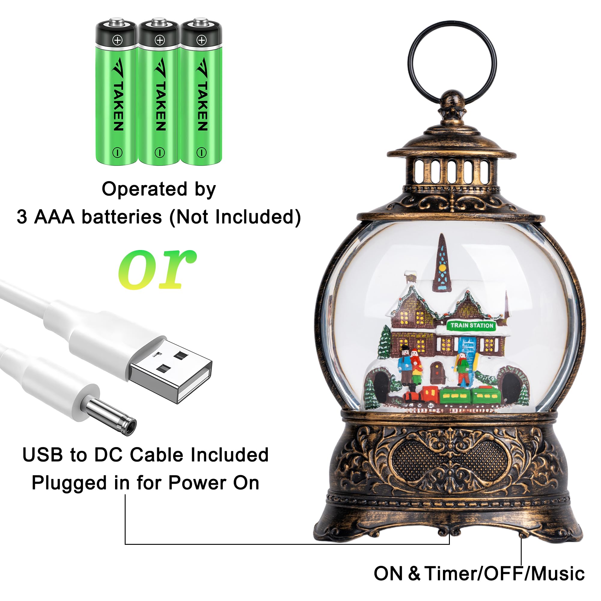 Christmas Village Snow Globe Water Lantern with Train Station Scene Battery Operated or USB Powered Musical Lighted Holiday Deco