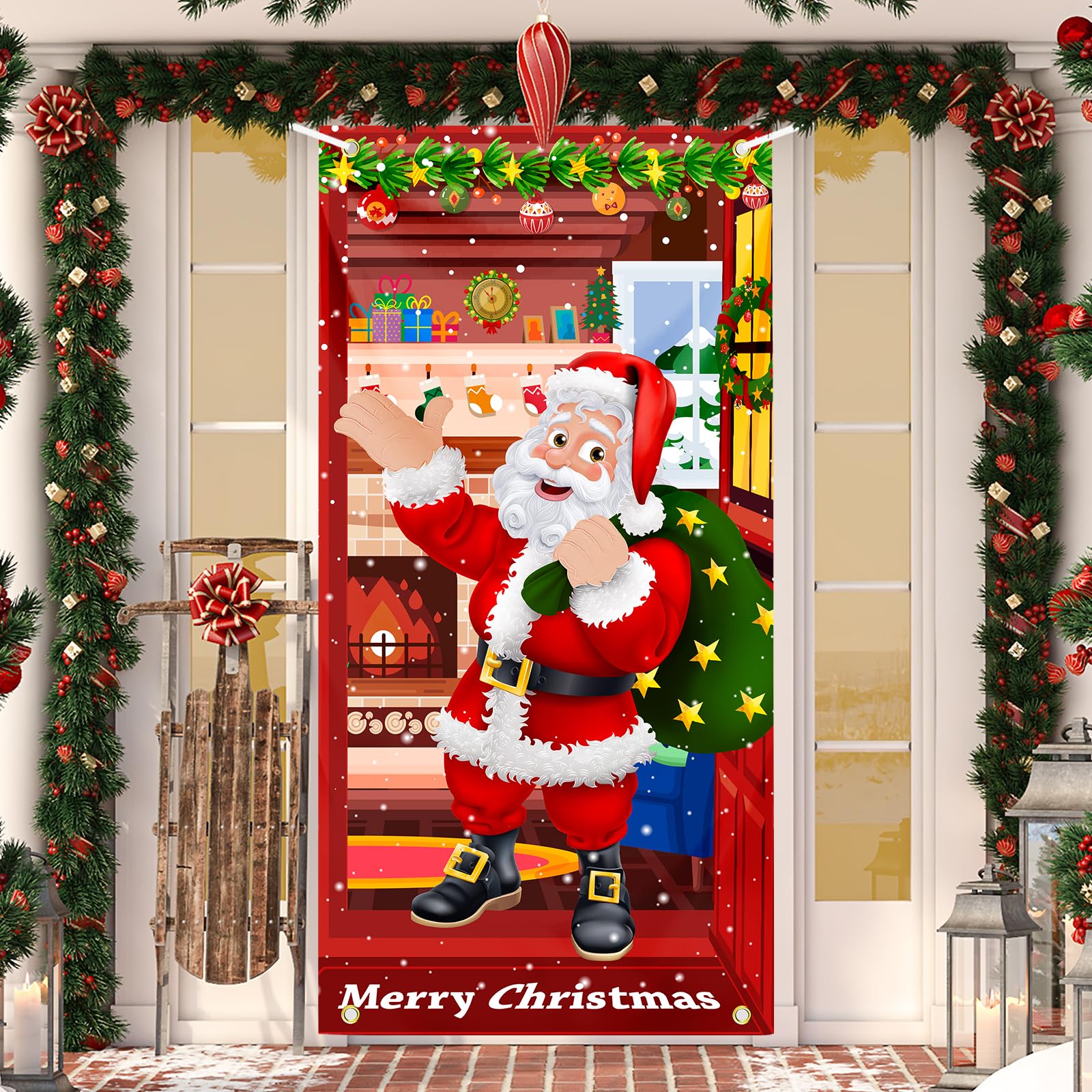 Christmas Door Cover Santa Claus Decoration Xmas Large Photography Background Banner Porch Sign For Winter Indoor Outside Front