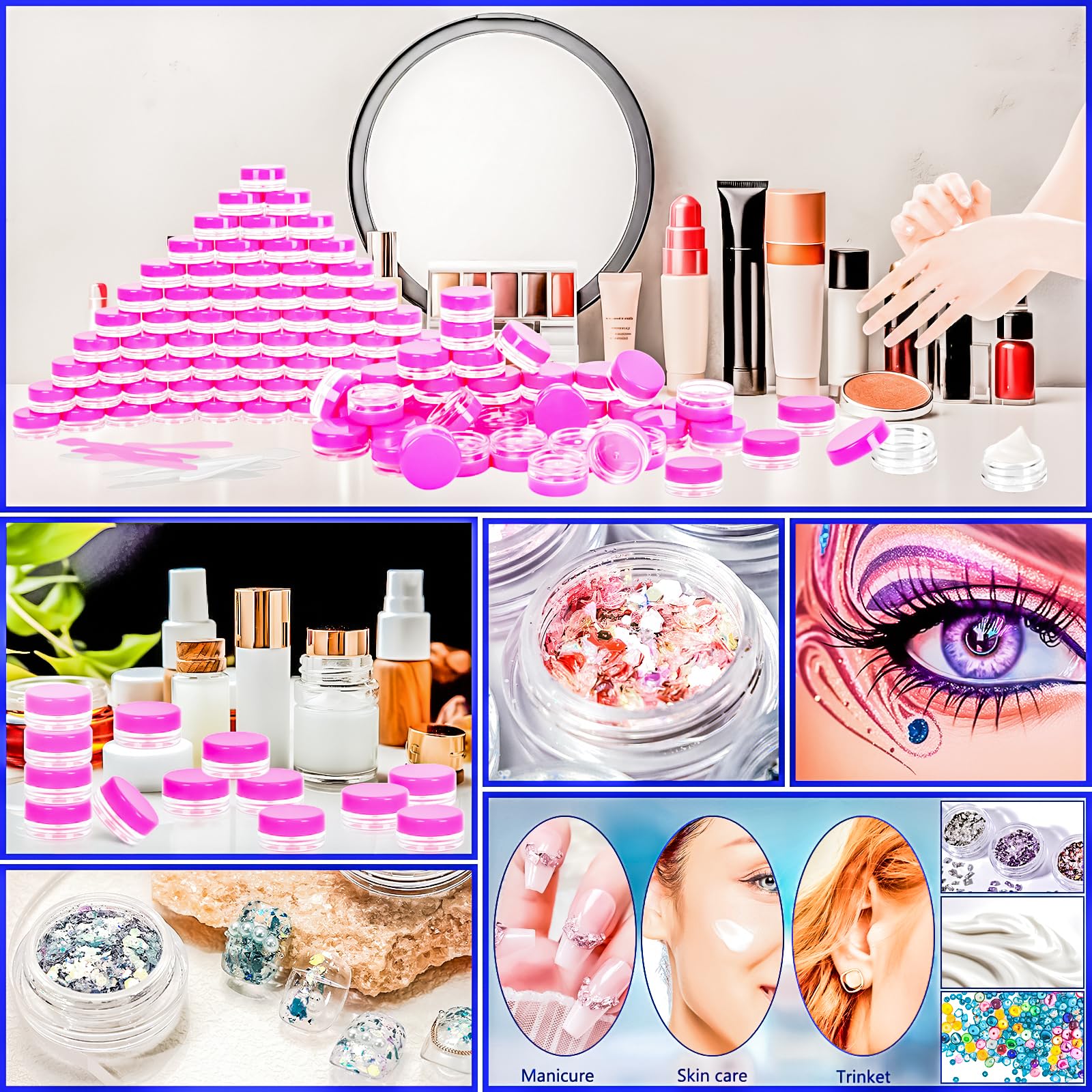 Motbach 100 Pcs 3G Empty Plastic Containers With Lids,Tiny Makeup Sample Containers, Small Pot Jars Pink Round Cosmetic Jars Wit