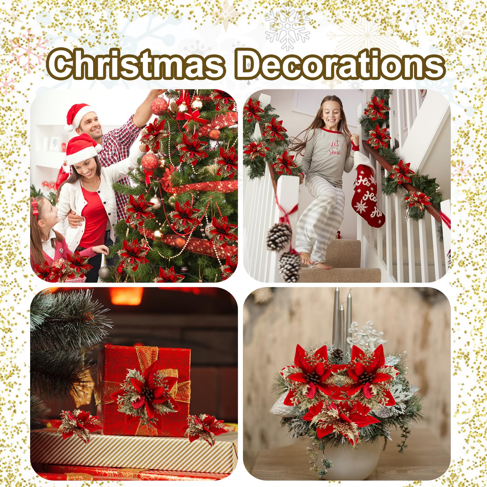 Cliselda 30Pcs Red&Gold Poinsettias Artificial Christmas Flowers with Clips, 5.5 Glitter Artificial Flower Poinsettia Decoration
