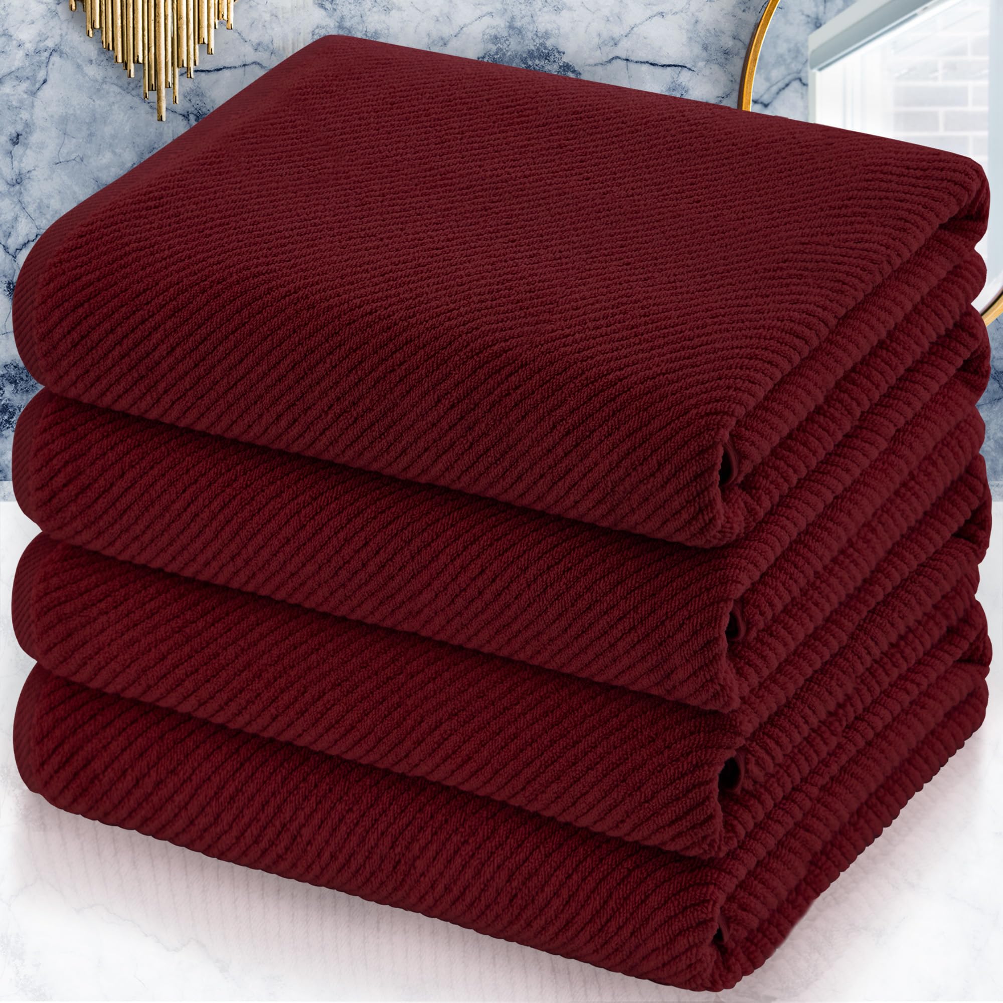 Voova & Movas Red Bath Towels, 4 Pack Large 30'' X 56'' - 100% Cotton | Quick Dry | Light Weight | Thick | Soft | Absorbent, Bat
