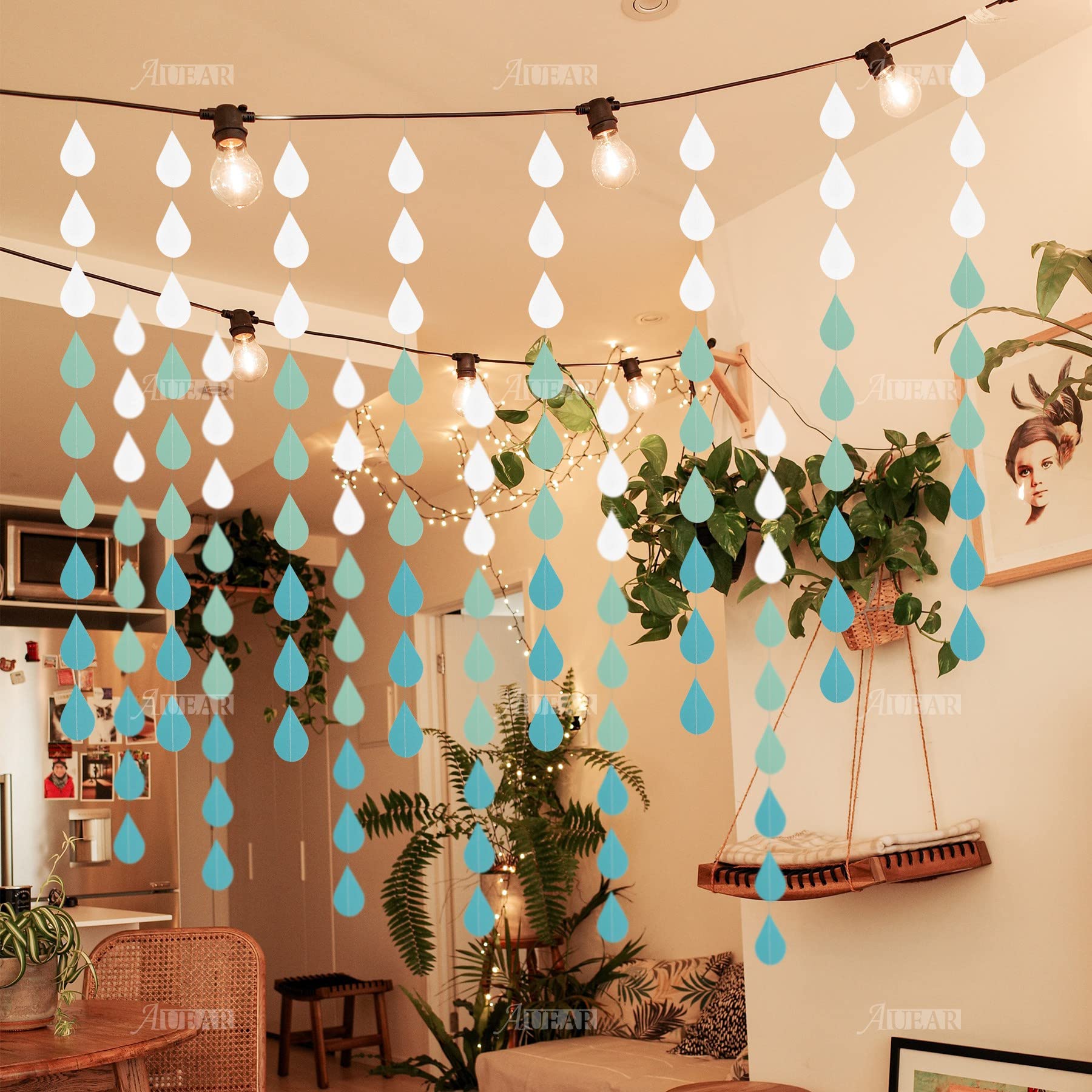 Auear, Raindrop Garland Blue Paper Hanging For Decor (36 Pack)