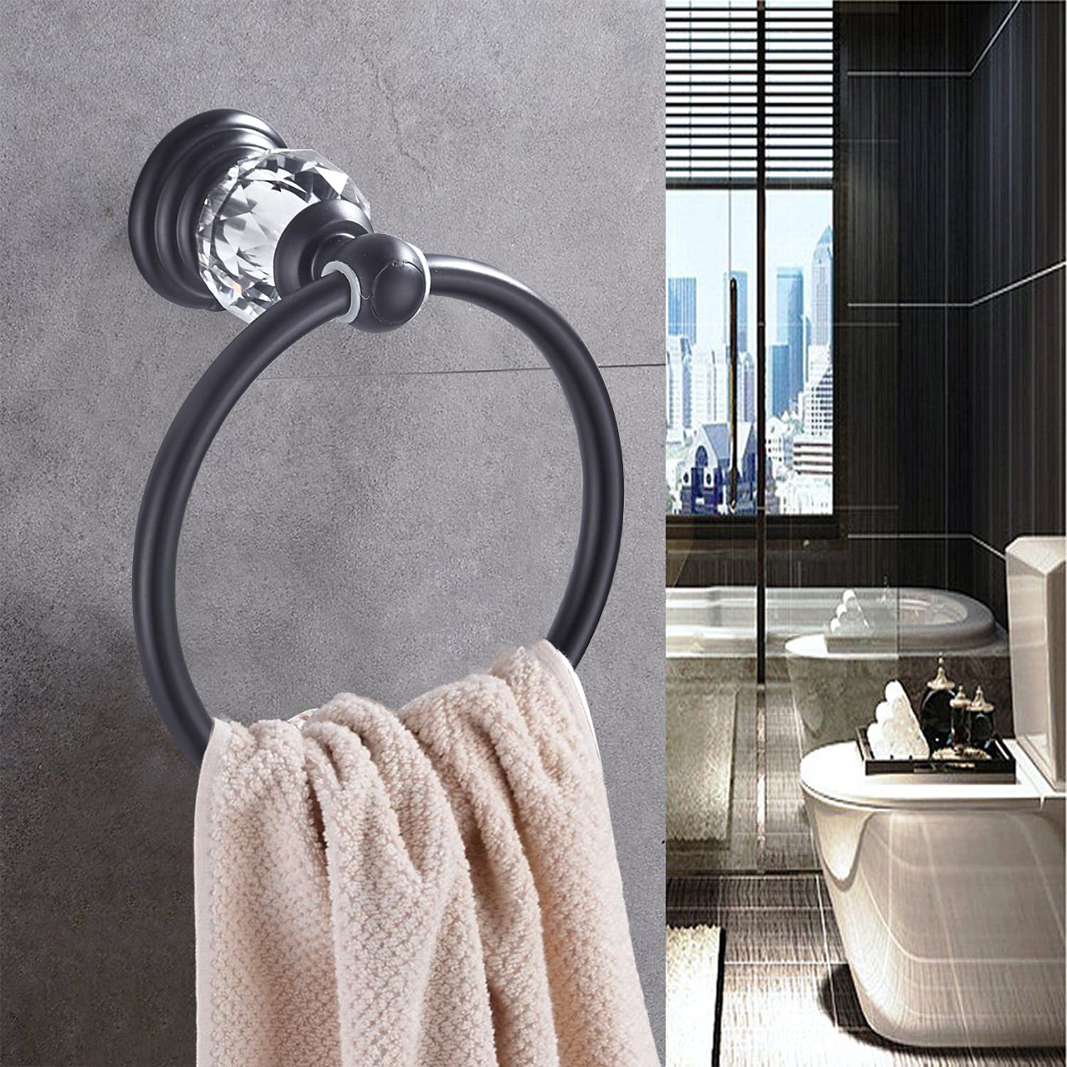 WINCASE Crystal Towel Ring  Black Hand Towel Holder  Bathroom Round Towel Hanger Racks Wall Mount Matte Black