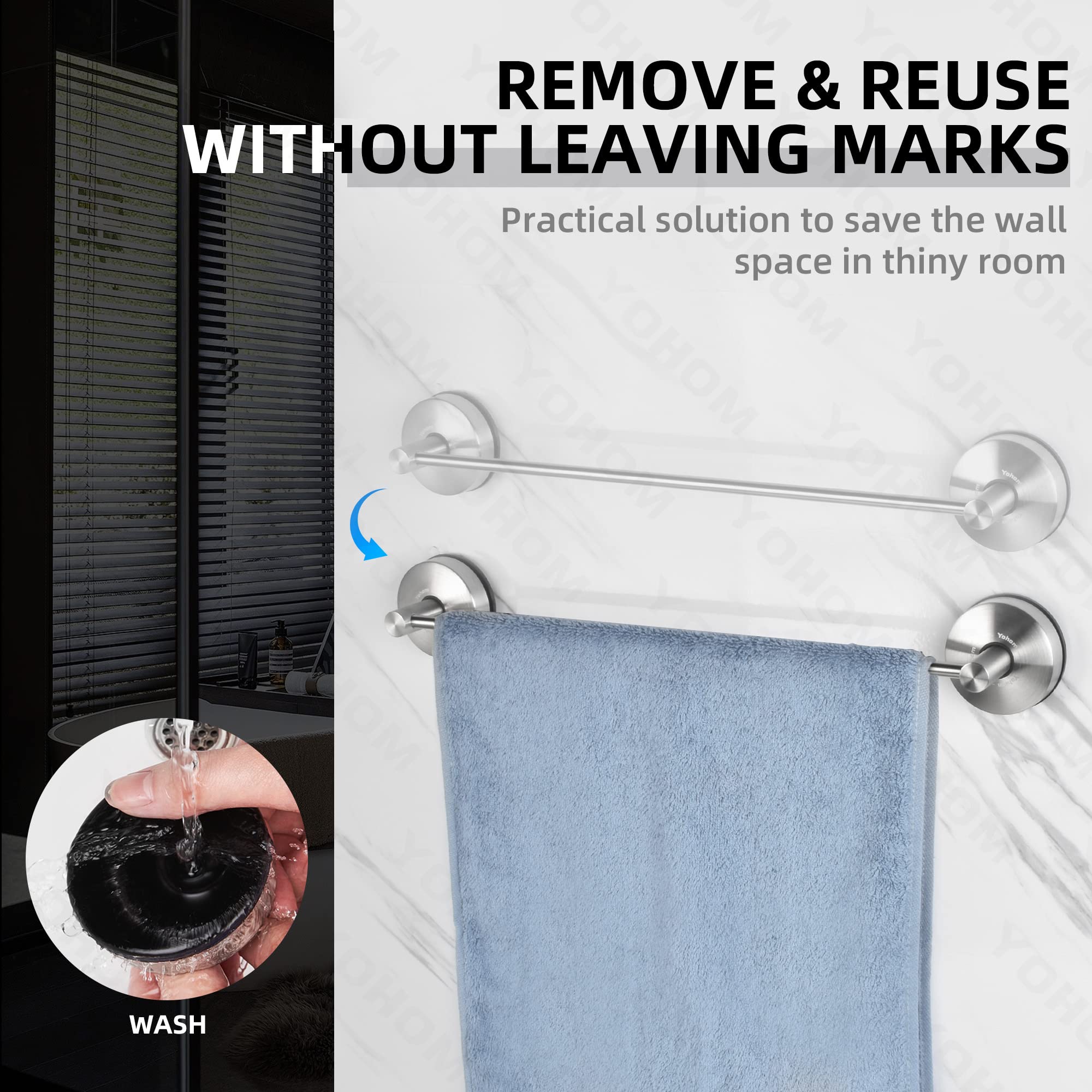 YOHOM Suction Cup Towel Bar, 17 Inch Stainless Steel, Silver, Model YB2617S_YH_EU, Removable Bathroom Towel Rack for Shower Door