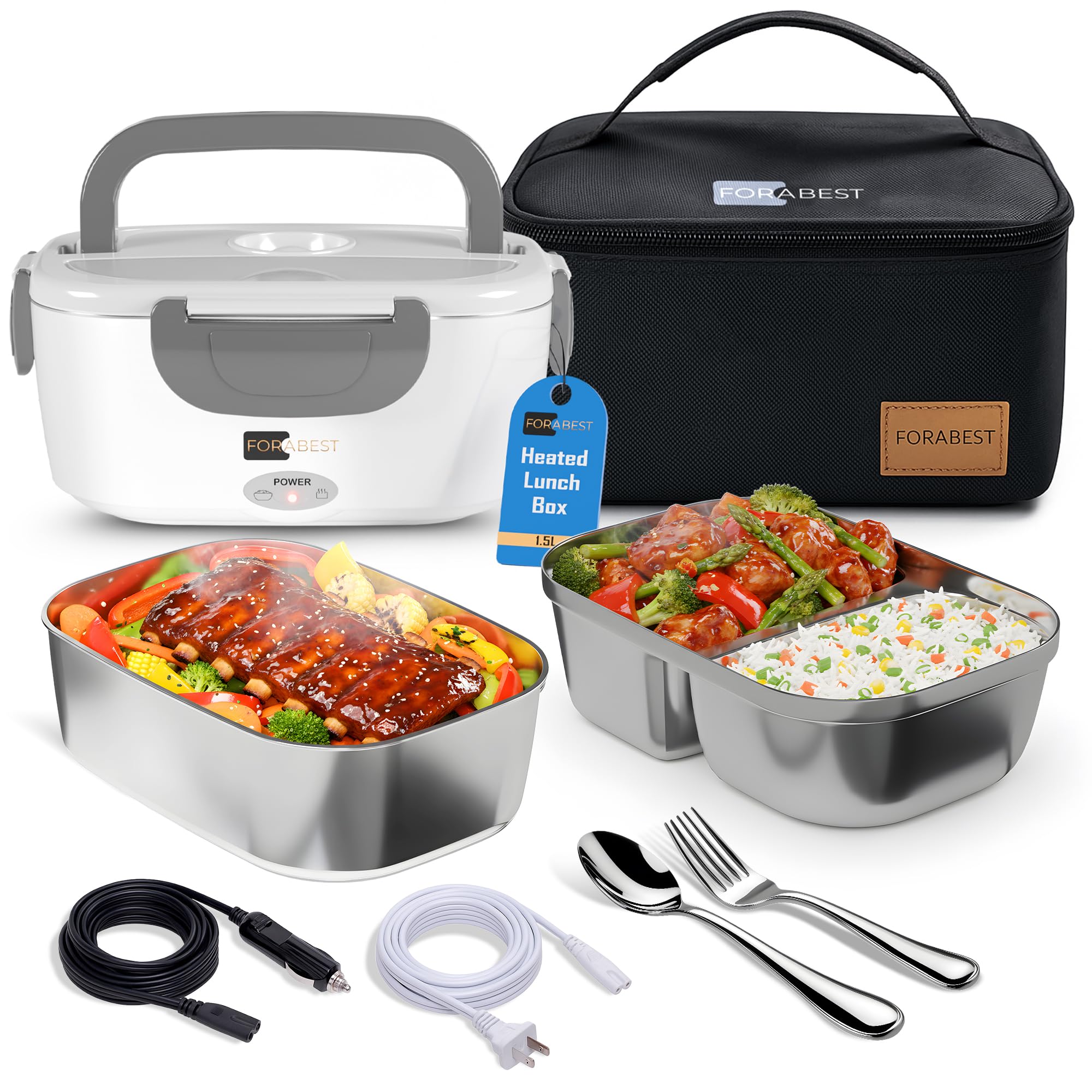 Forabest Heated Lunch Box, 80W Electric Lunch Box For Adults, Portable Food Warmer With 2 Stainless Steel Containers 1.5L, Utens