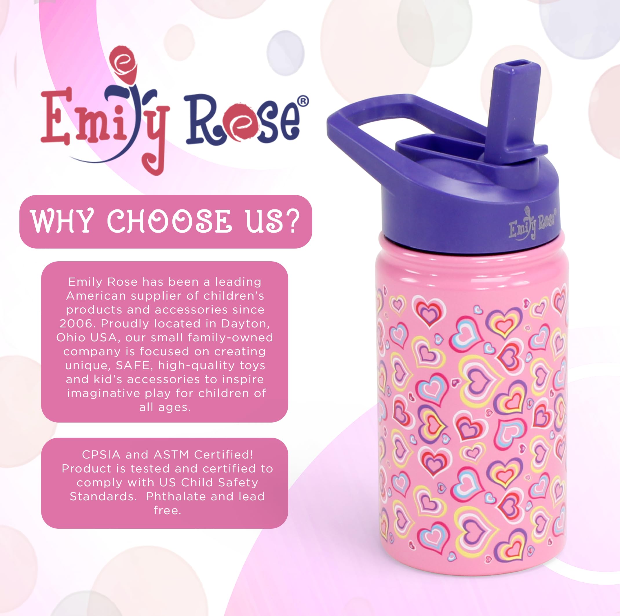 Emily Rose Kids Water Bottle | 12 Ounce Insulated Girls Kid Water Bottle | Bpa Free Stainless Steel Bottle For Travel And School