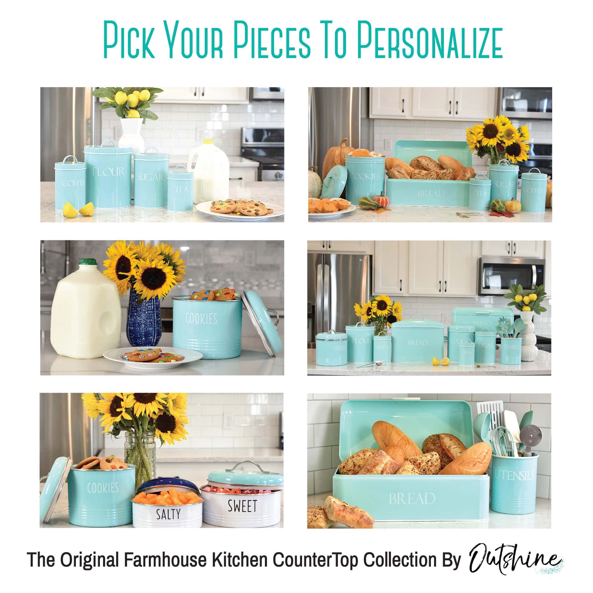 Outshine Kitchen Canisters For Countertop Set Of 3 | Farmhouse Canister Sets For Kitchen Counter Mint | Flour Sugar Coffee Canis
