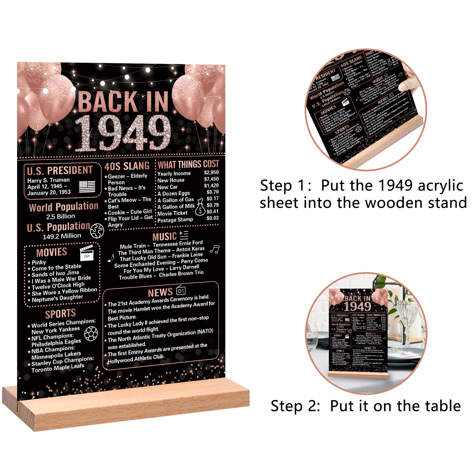 Trgowaul 75Th Birthday Anniversary Decorations For Women, Rose Gold Back In 1949 Birthday Poster Acrylic Table Sign With Stand,