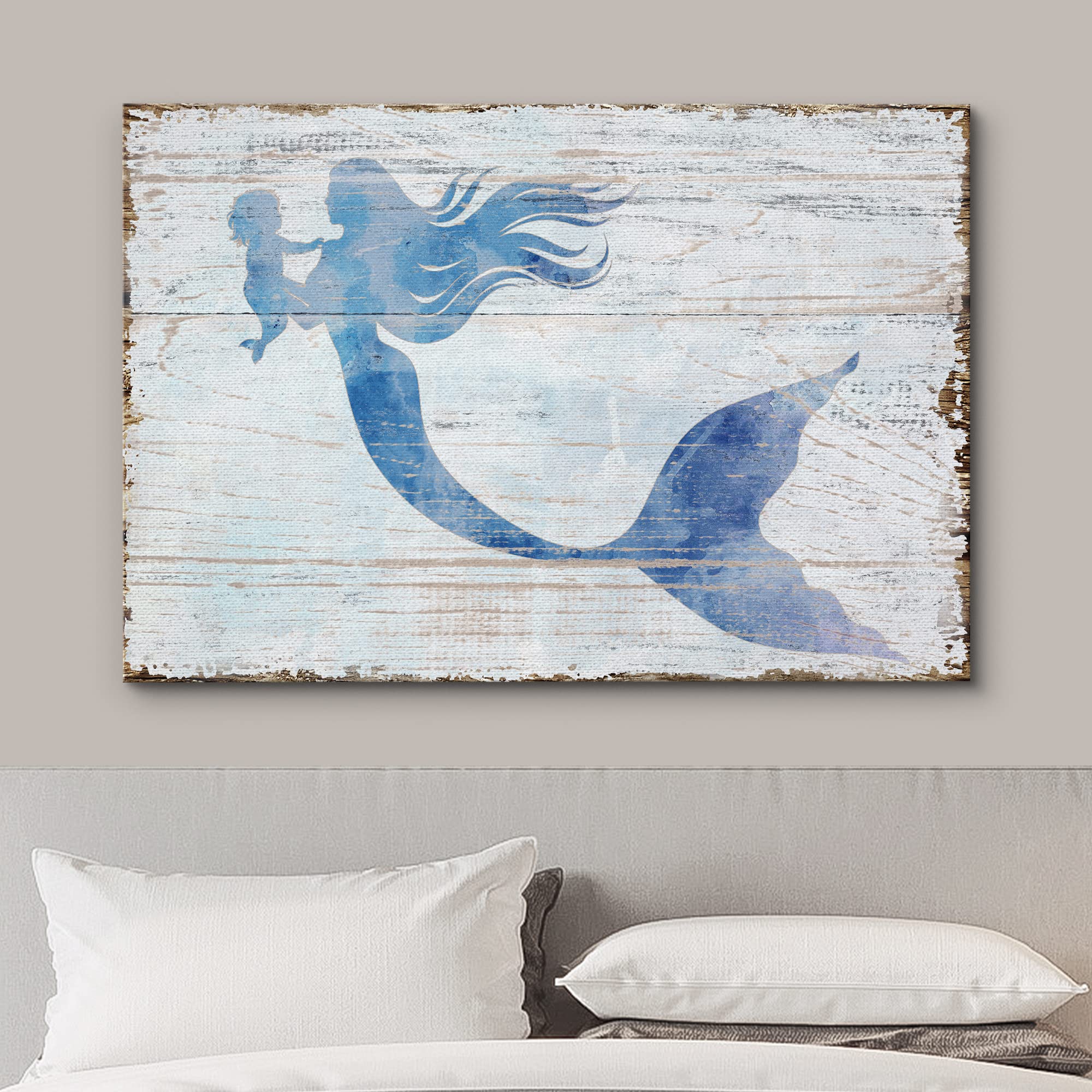 Wall26 Canvas Print Wall Art Mermaid & Baby Silhouettes On Wood Panels Fantasy & Sci-Fi Ocean Illustrations Modern Art Rustic Sc