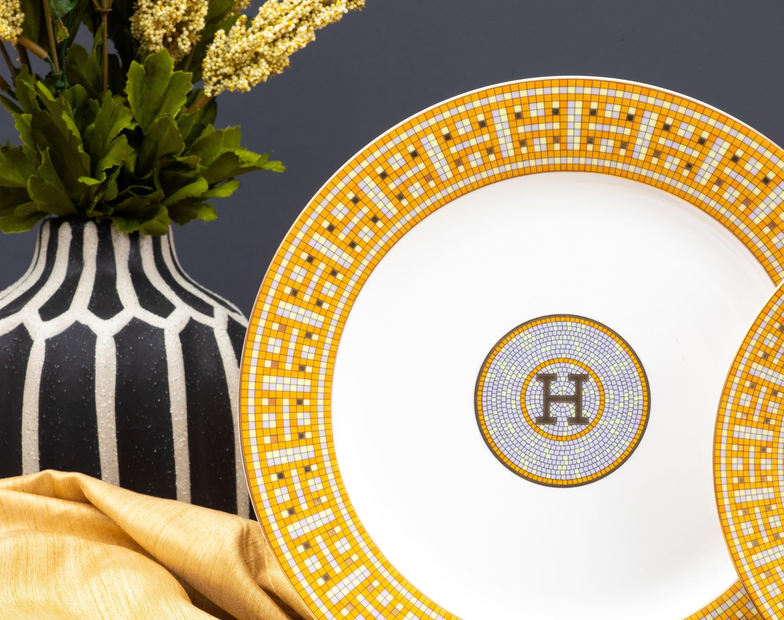 White and Gold Dinnerware Set - 58 Piece 'Mosaic' Dinner Set Luxury Bone China 24K Gold Inlays for Everyday use or Formal Occasi