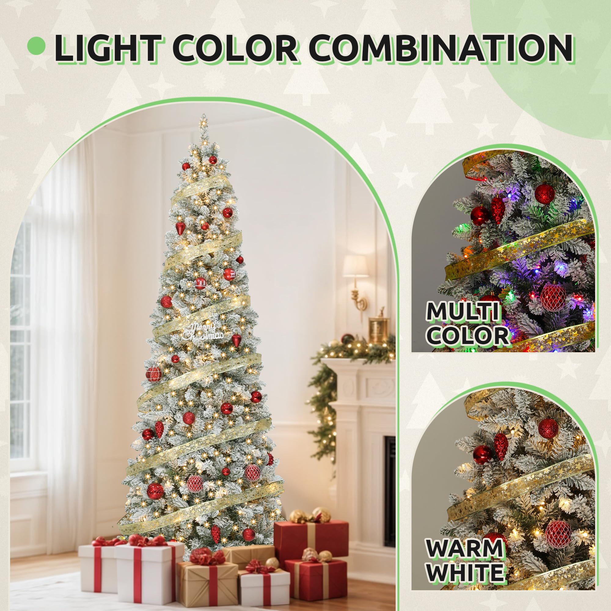 GOOBED Prelit Flocked Pencil Christmas Tree 7.5 FT, Slim Fraser Fir Christmas Tree with Remote for Compact Apartment, Xmas Tree