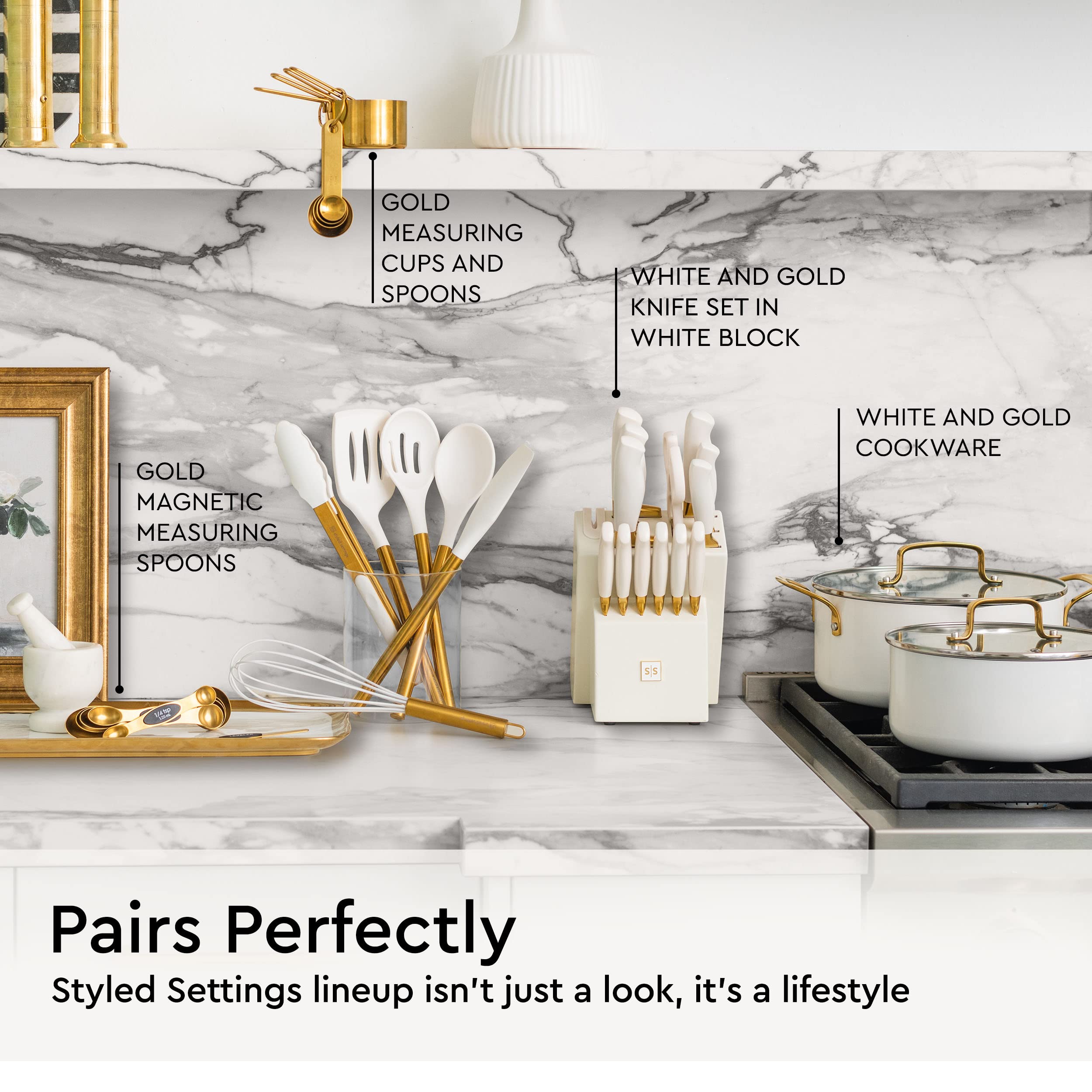 Styled Settings White Silicone And Gold Kitchen Utensils Set For Modern Cooking And Serving, Stainless Steel Gold Cooking Utensi