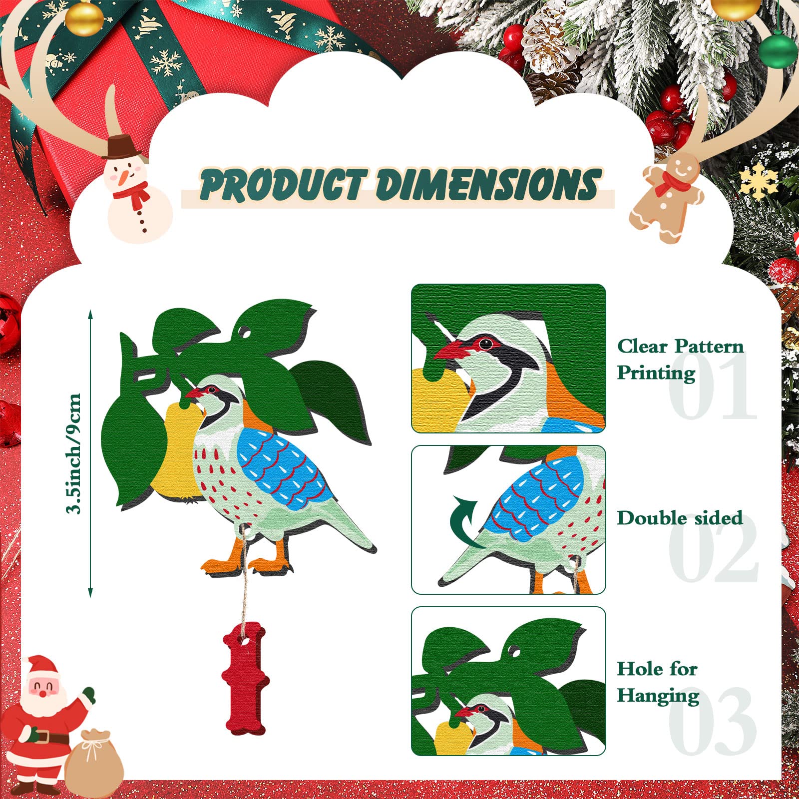 12 Pieces 12 Days of Christmas Ornaments Wooden Set 3.15 Inch Colorful Xmas Twelve Days of Christmas Hanging Ornaments for Xmas