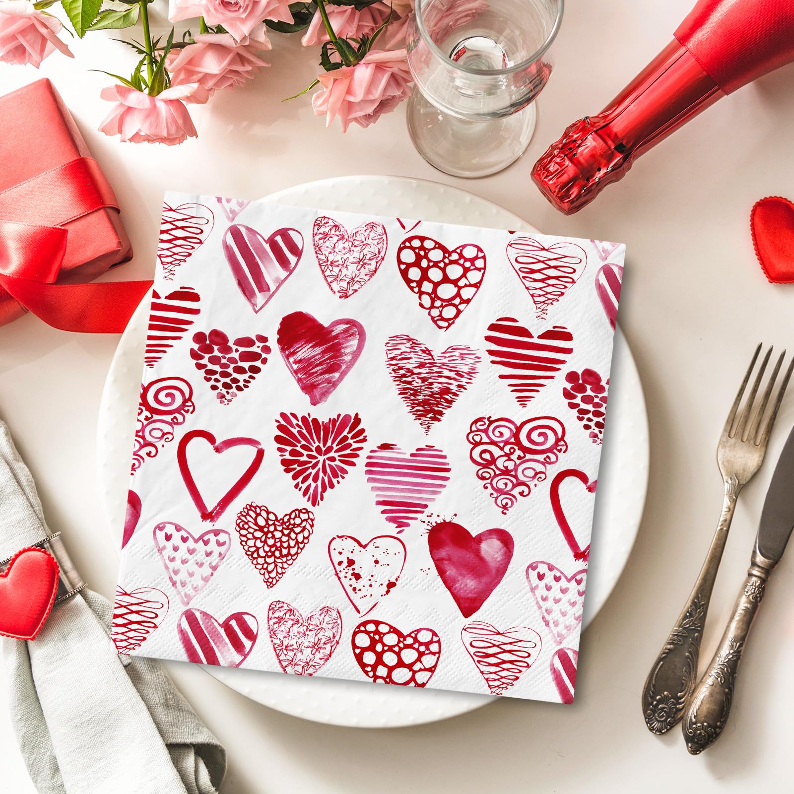 Anydesign 80Pcs Valentines Day Paper Napkins Watercolor Pink Heart Disposable Napkins Decorative Luncheon Dinner Hand Napkins Fo