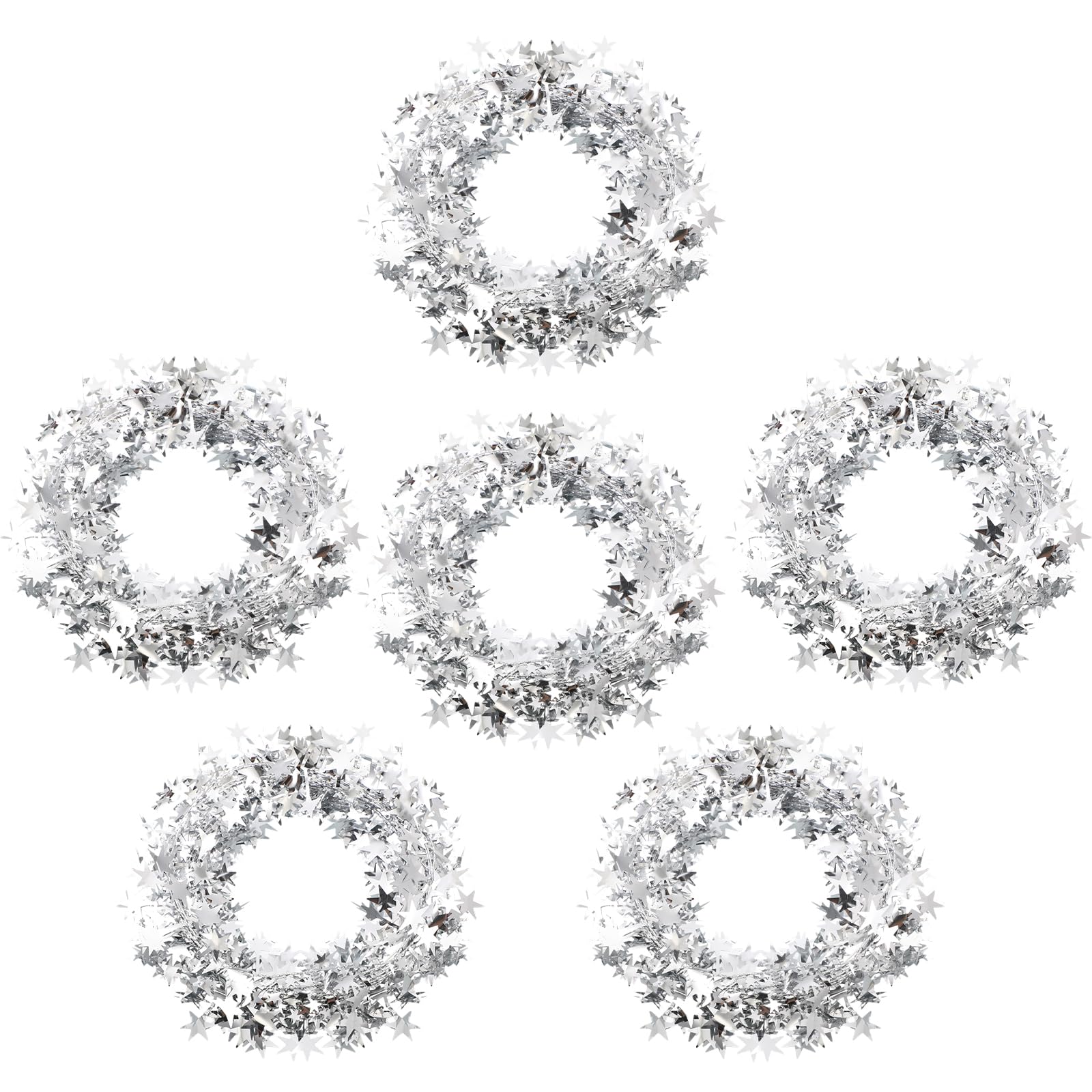 Shappy 147.6 ft Star Garland Wired Silver Christmas Tinsel Garland for Tree Metallic Small Mini, 6 Rolls for Decorations