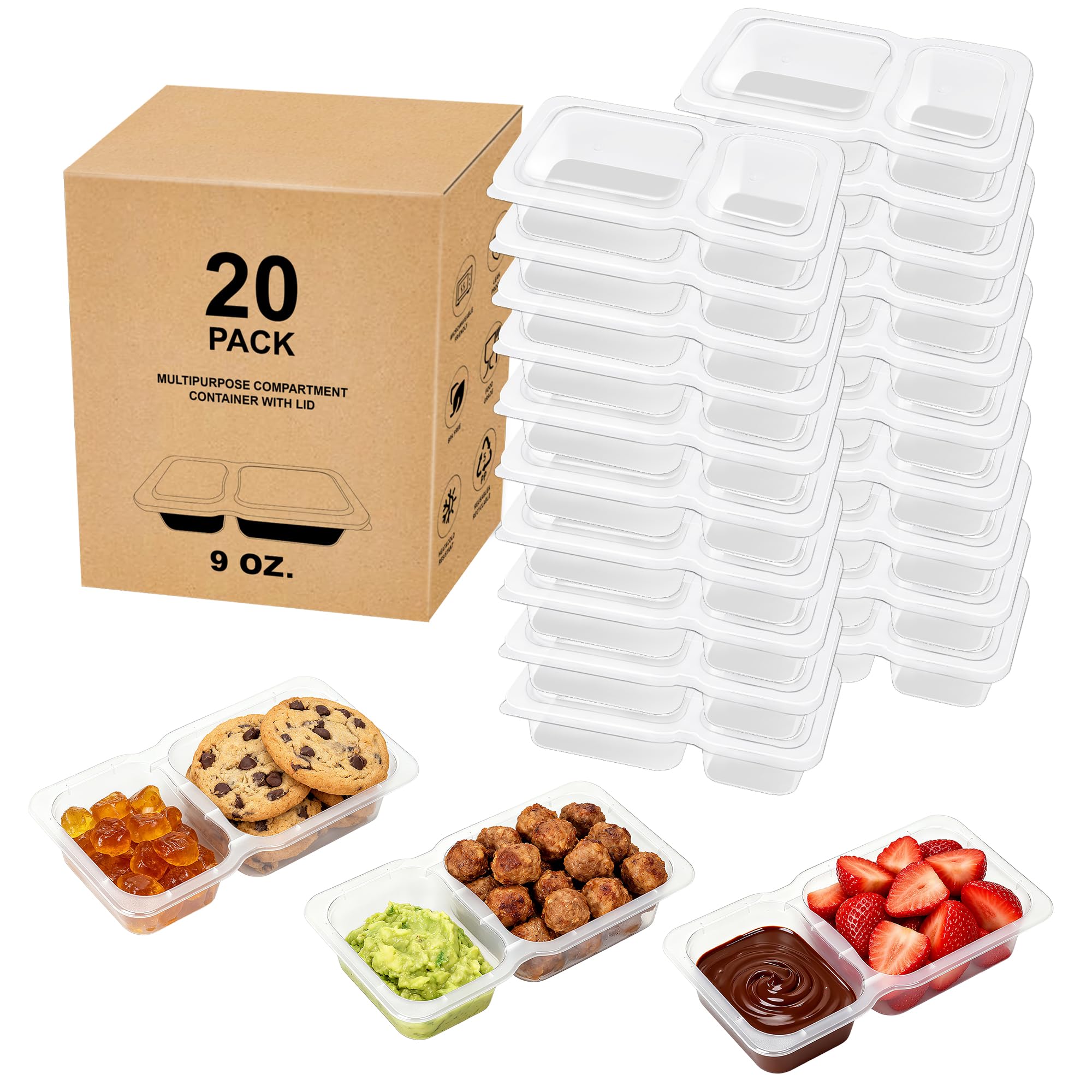 HIREEKE 9 OZ Double Compartment Snack Containers, 20 Sets Bigger Reusable Clear Snack Packs Container with Lids