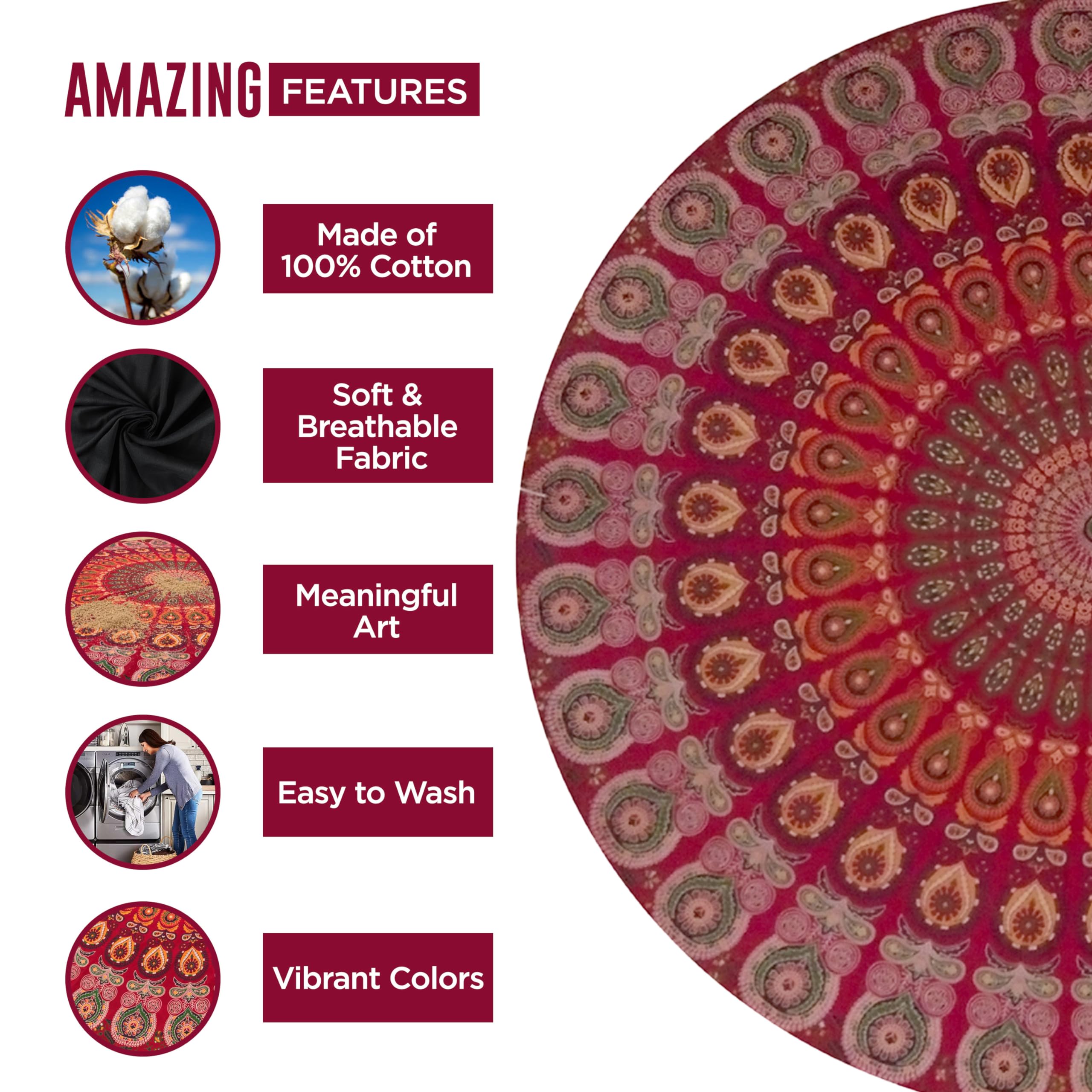 Raajsee Red Round Beach Tapestry Hippie/Boho Beach Blanket Mandala Roundie/Indian Cotton Throw - Round Tablecloth/Home Decor/Ind