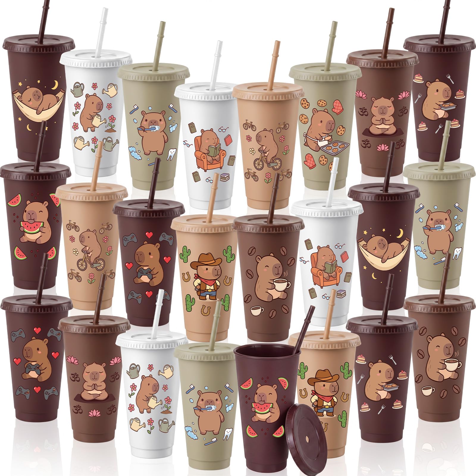 Skylety 24 Pcs Capybara Plastic Tumblers Bulk with Lids and Straws