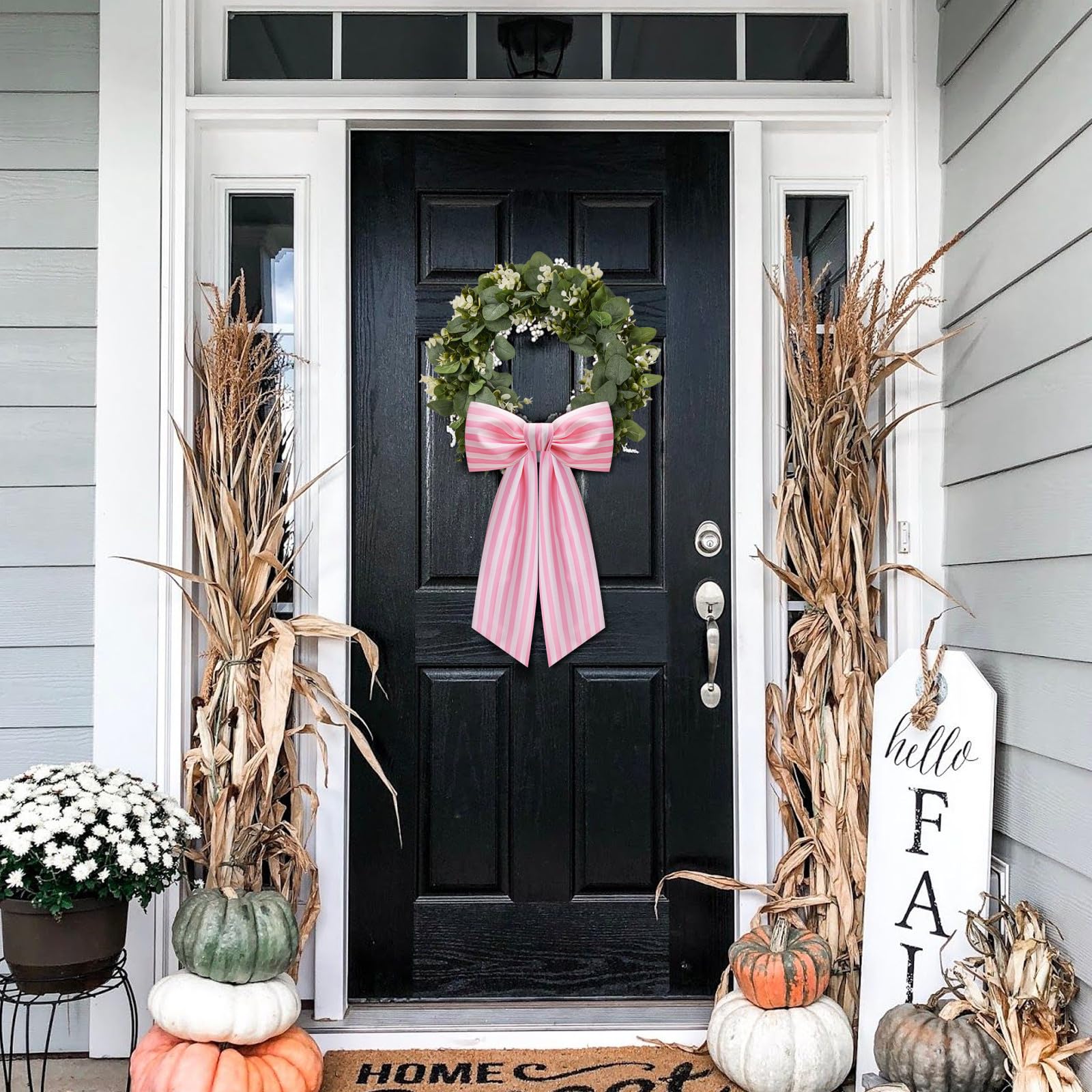 2 Pack Wreath Sash for Front Door Stripe Boxwood Sash Garland Porch Decor Wreath Accessories (Pink and White Stripe)