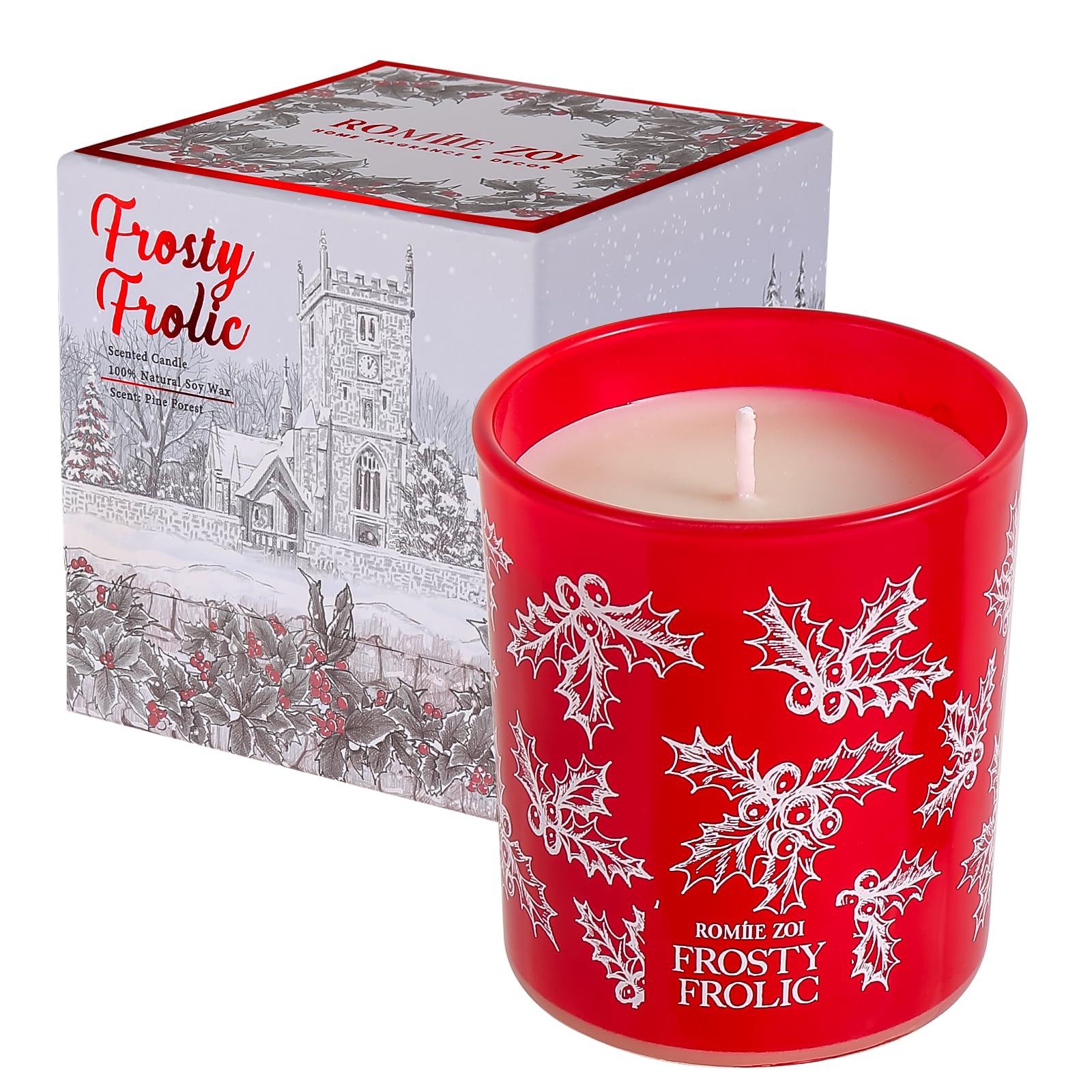ROMIIE ZOI Christmas Scented Jar Candle - 6oz Soy Wax Candle - Frosty Frolic Infused with Pine Forest Aroma - with Beautiful Kee
