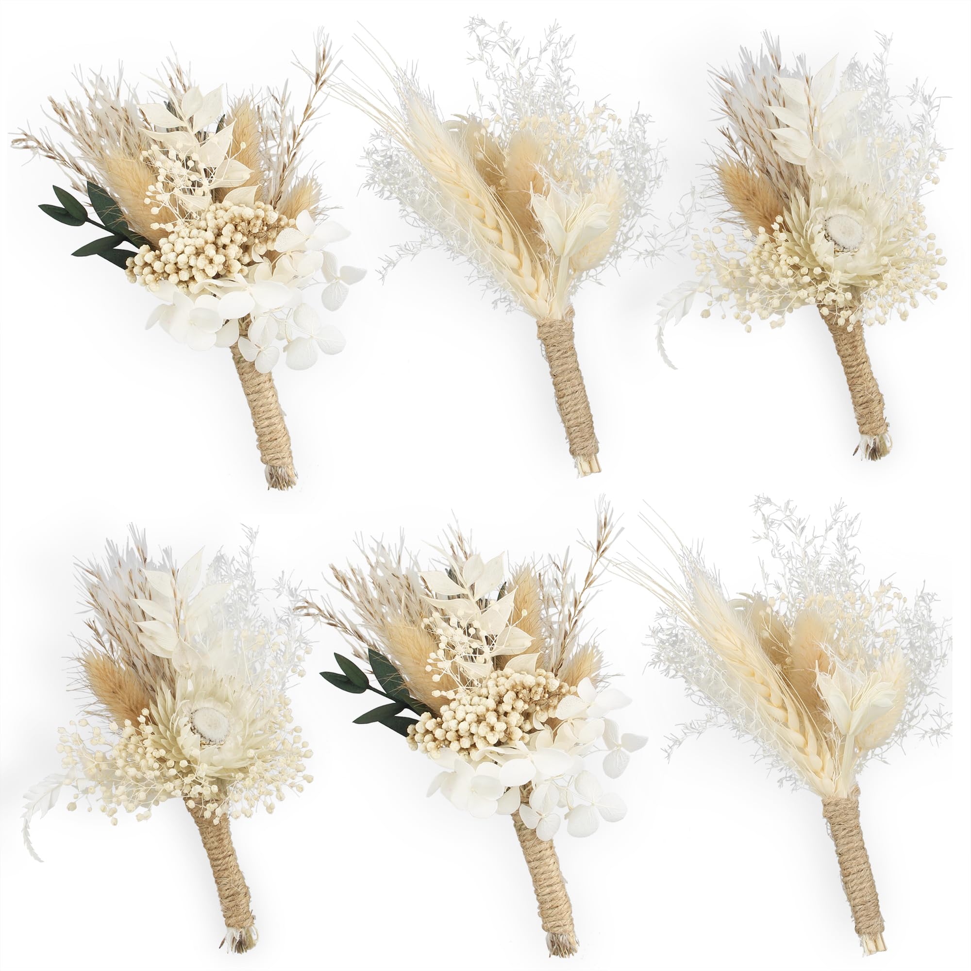 Rinlong 6Pcs Boutonnieres Assorted Dried Flower Boutonniere for Men Rustic Boho Beige Wedding Boutineers Fall Groom Boutonnieres