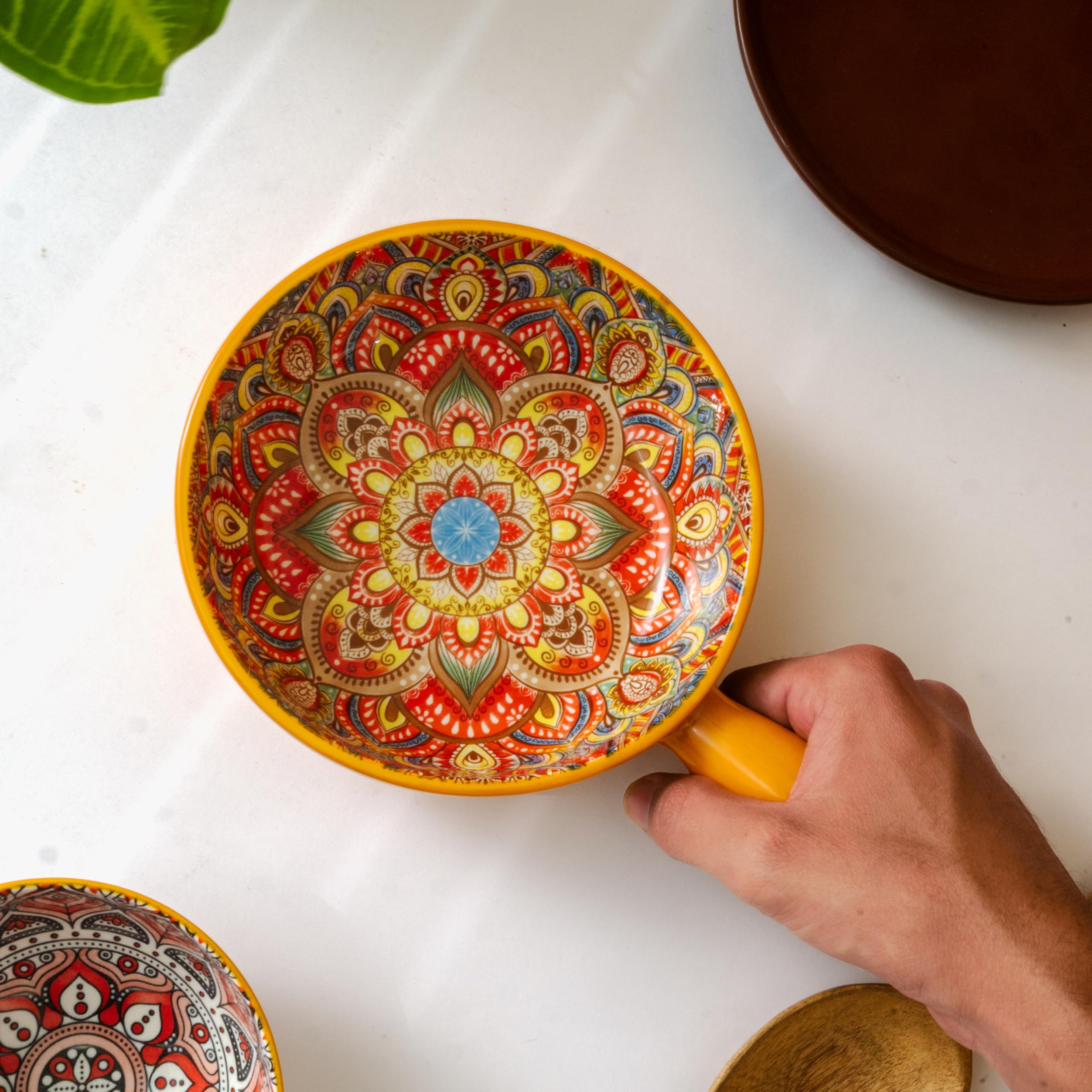 Femora Ceramic Snack Bowl With Handle | Serving Bowl With Handle | Microwave & Dishwasher Safe Big Bowls Perfect For Snacks, Noo