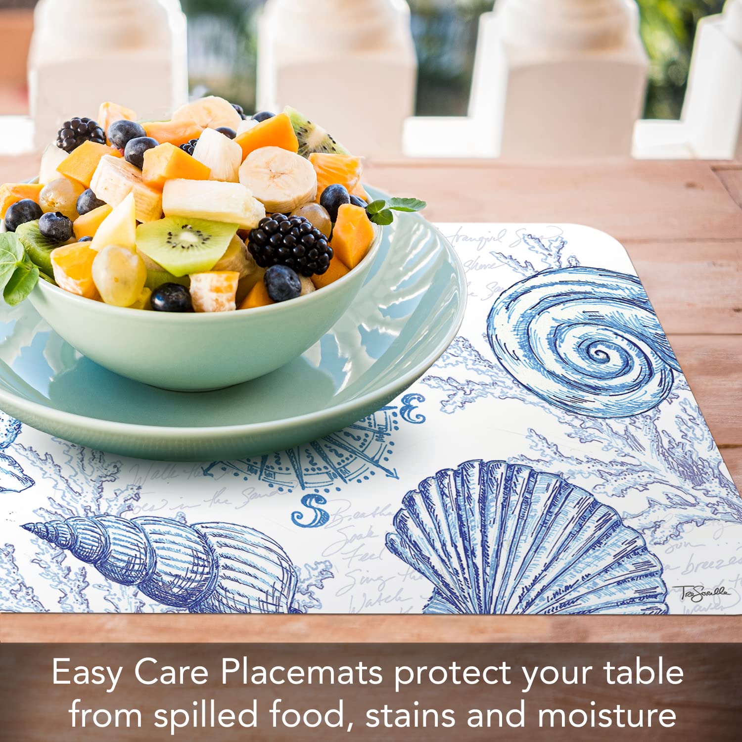 Counterart Coastal Sketch 4 Pack Reversible Easy Care Flexible Plastic Placemats Made In The Usa Bpa Free Pvc Free Easily Wipes