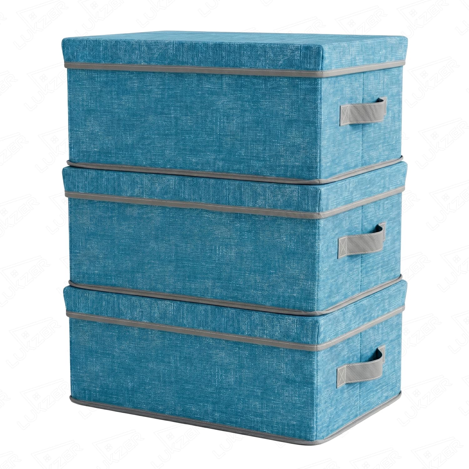 Lukzer 3Pc Blue & Grey Foldable Storage Box With Lid & Reinforced Handle | Fabric Wardrobe Clothes Organizer Basket Bin For Sare