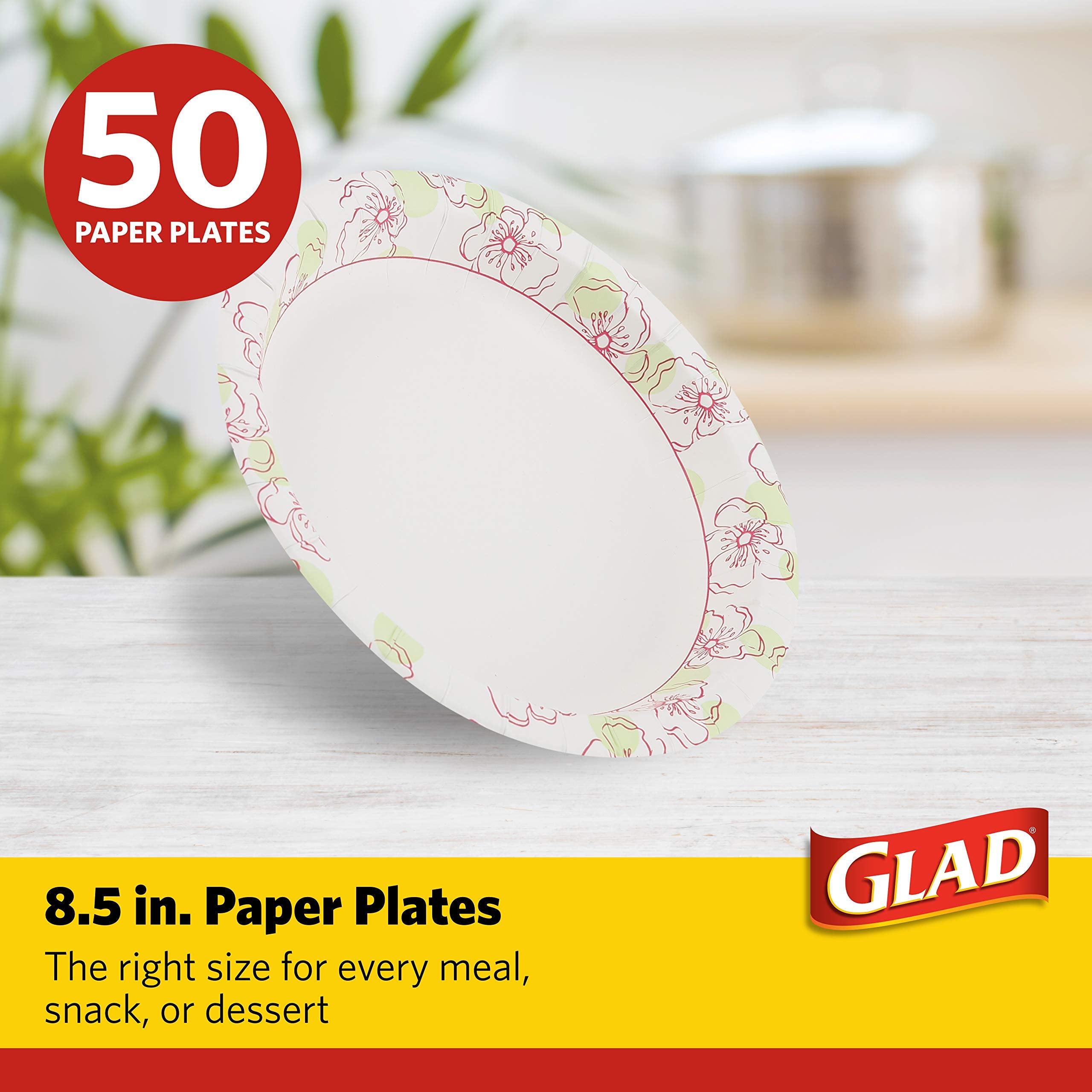 Glad Disposable Paper Plates For All Occasions | Round Soak Proof, Cut Proof, Microwaveable Heavy Duty Disposable Plates | 8.5
