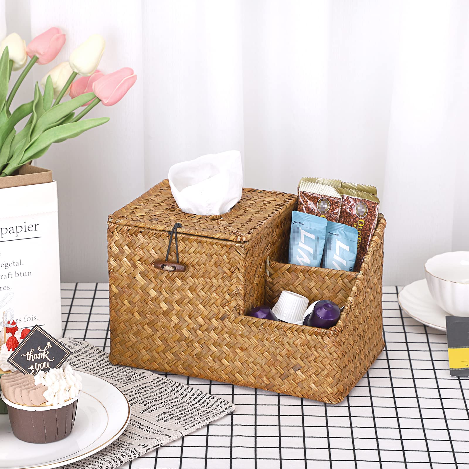 Sumnacon Square Woven Tissue Box Cover - Decorative Cube Tissue Box Holder With Side Organizer, Rustic Seagrass Tissue Box For L